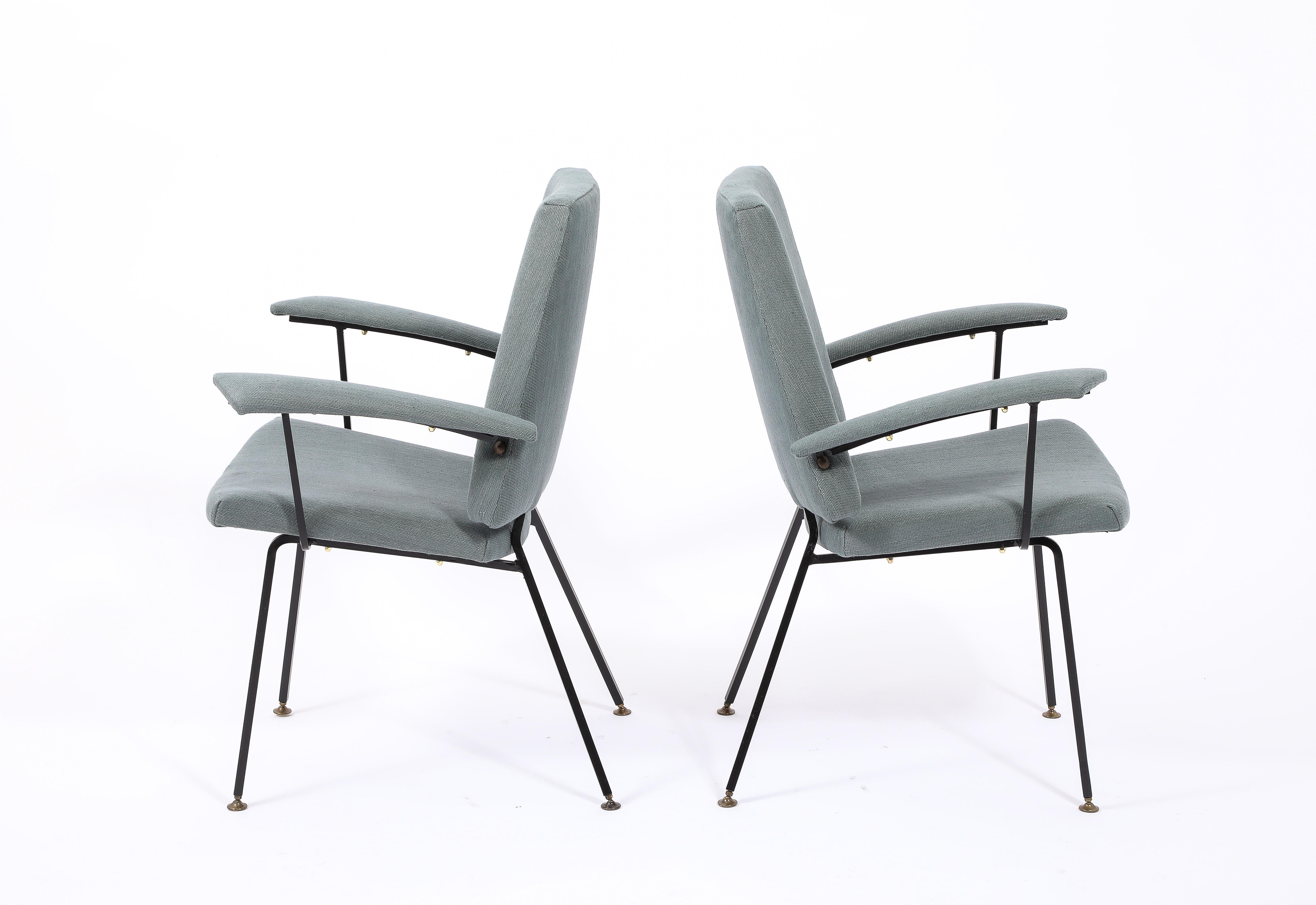 Modern Wrought Iron & Blue Cotton Jacques Quinet Armchairs, France 1960's For Sale