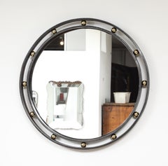 Wrought Iron & Brass Round French 1940's Style Modern Mirror, France