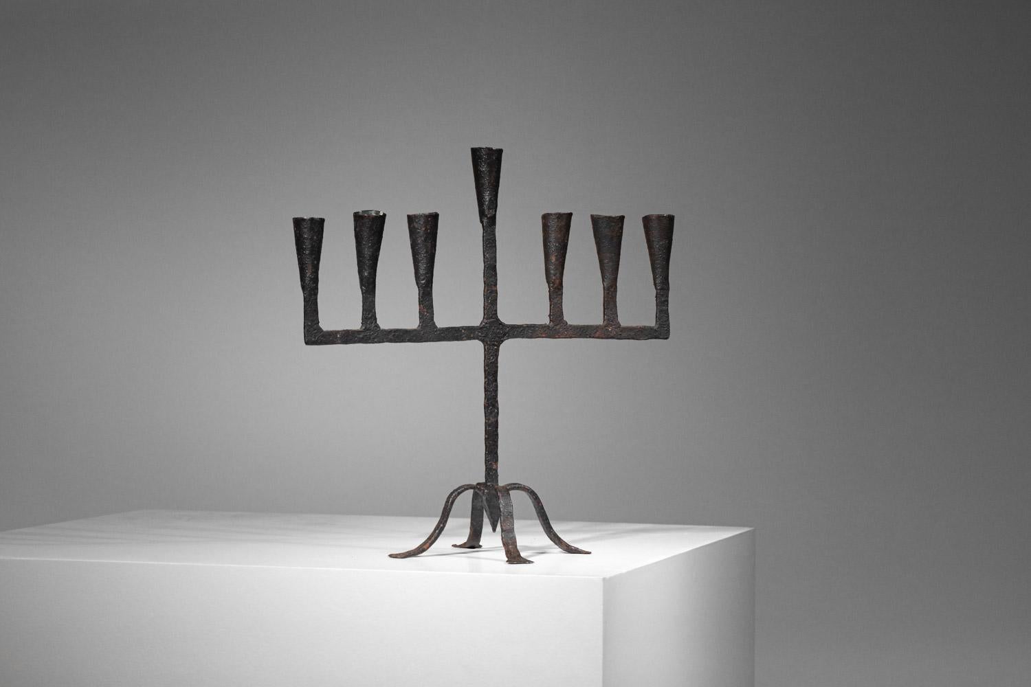 Hand-Crafted Wrought iron brutalist candlestick 7 candles French 60's For Sale