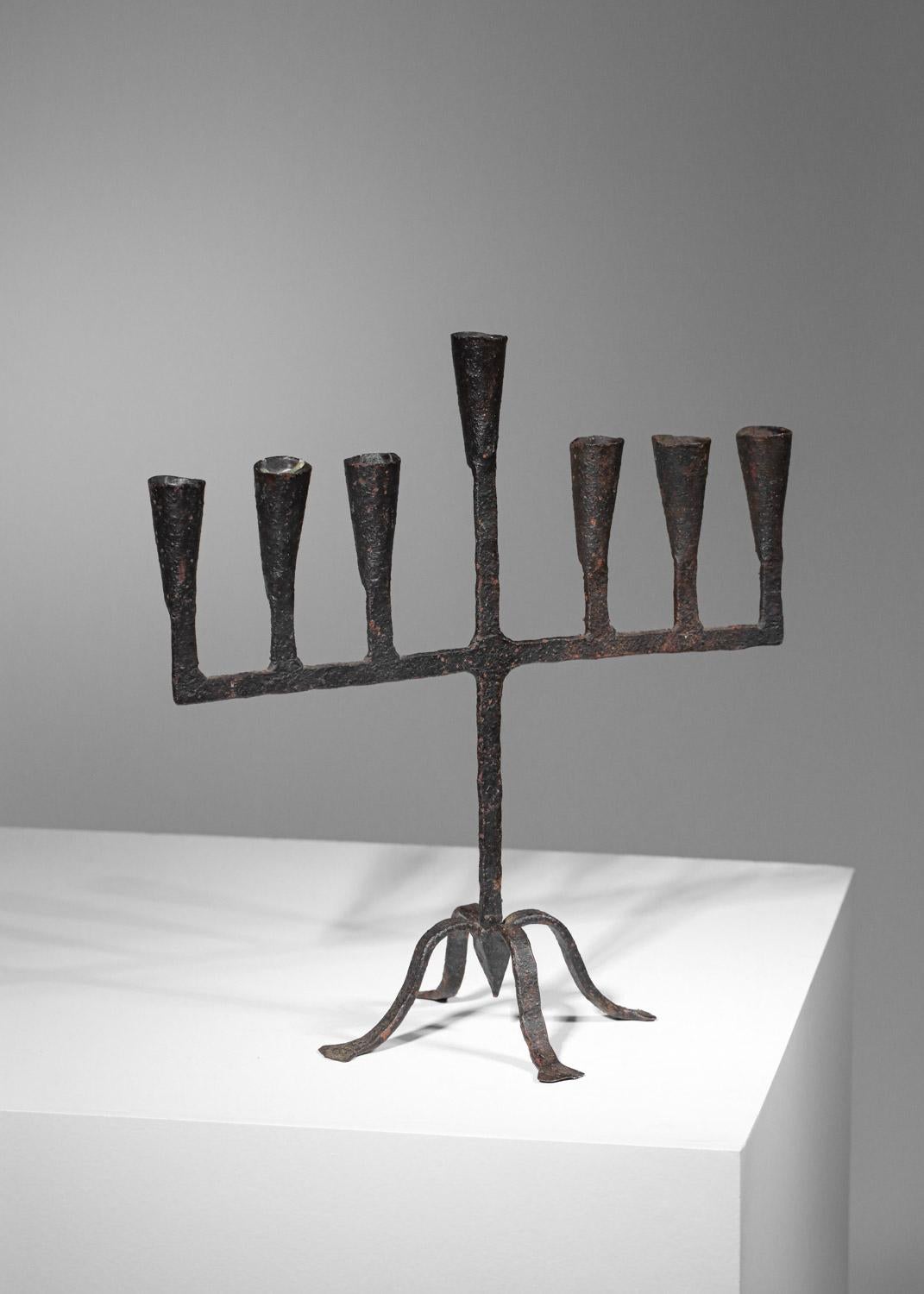 Iron Wrought iron brutalist candlestick 7 candles French 60's For Sale