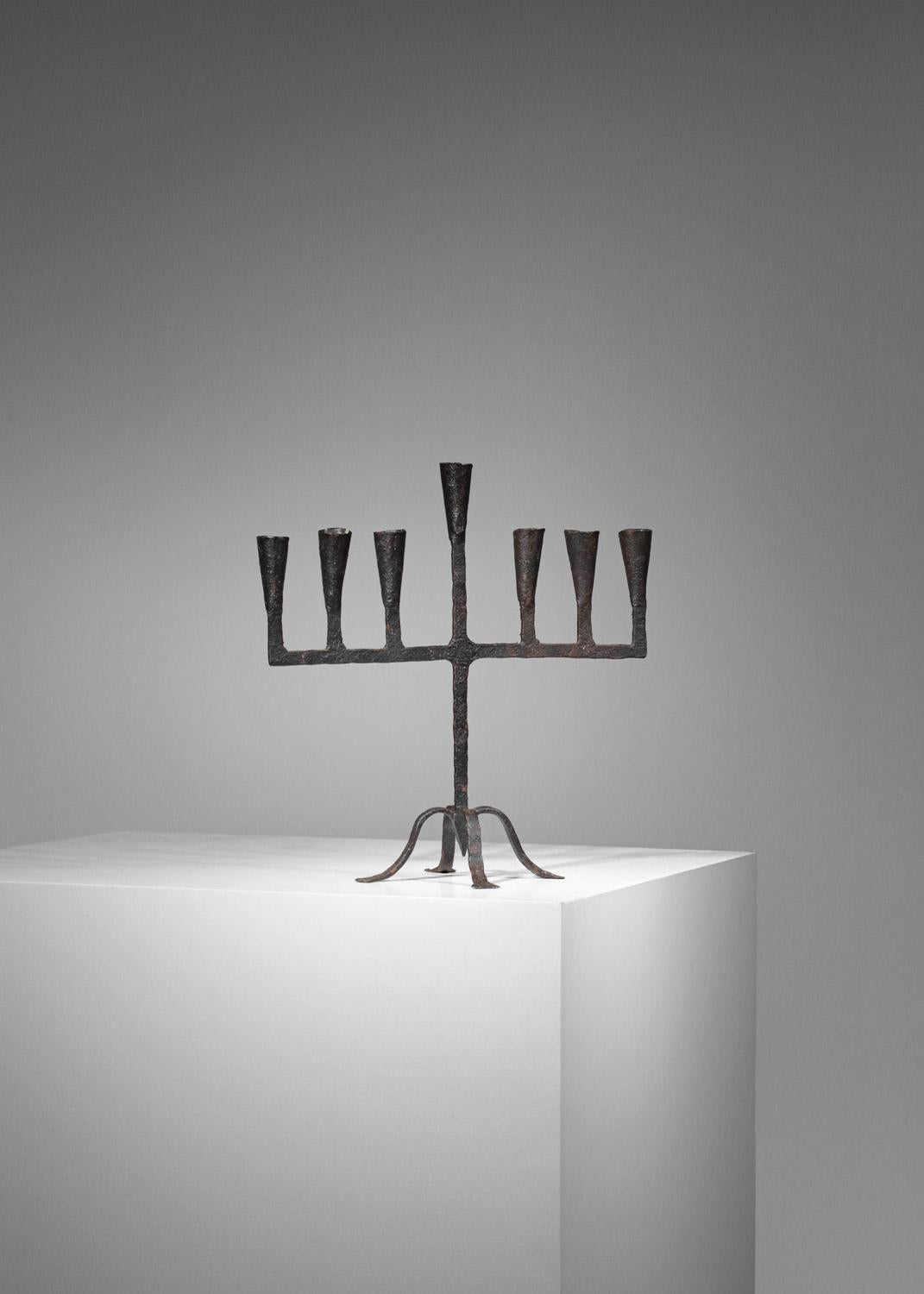 Wrought iron brutalist candlestick 7 candles French 60's For Sale 1