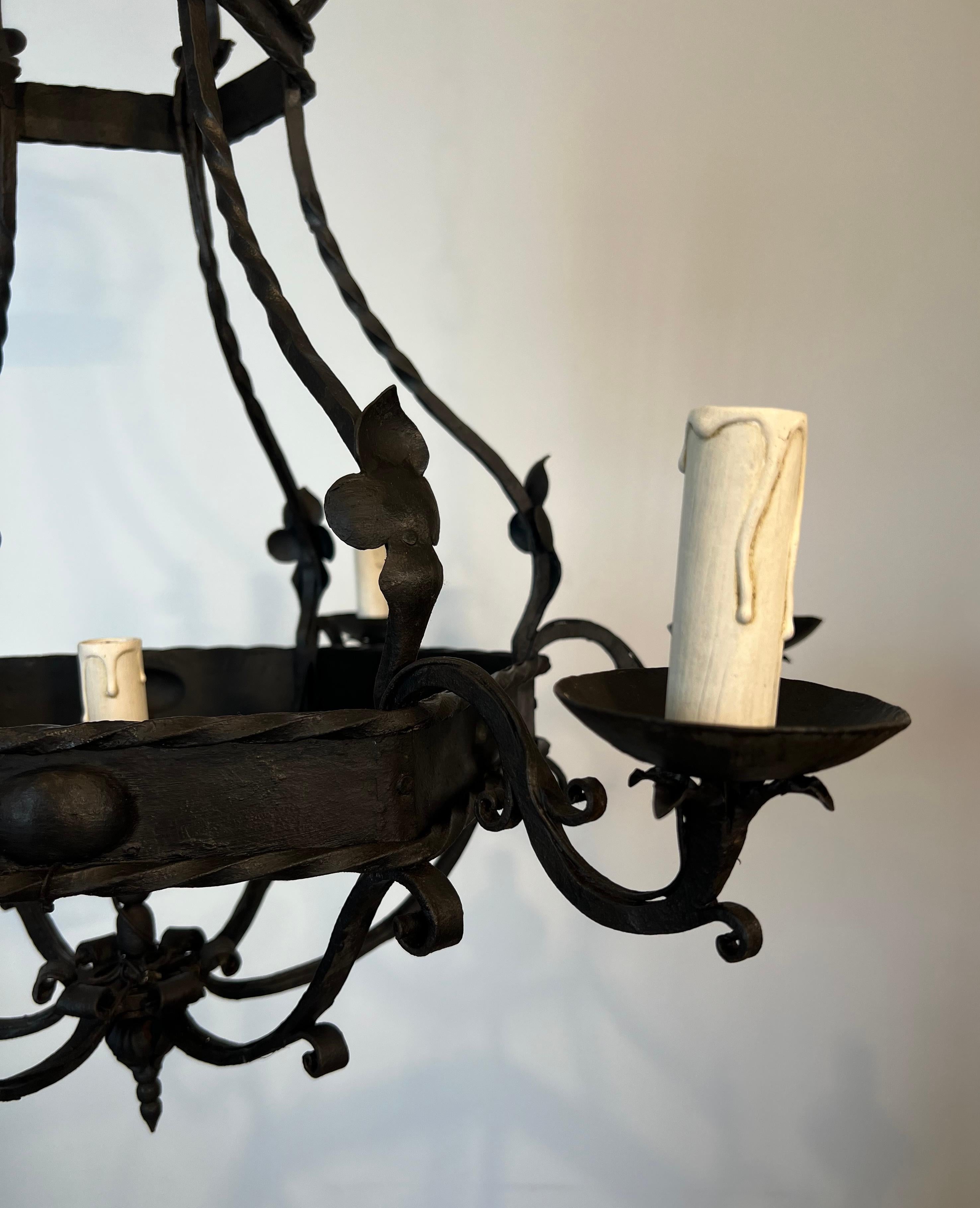 Wrought Iron Cage Chandelier With 7 lights in The Gothic Style For Sale 11