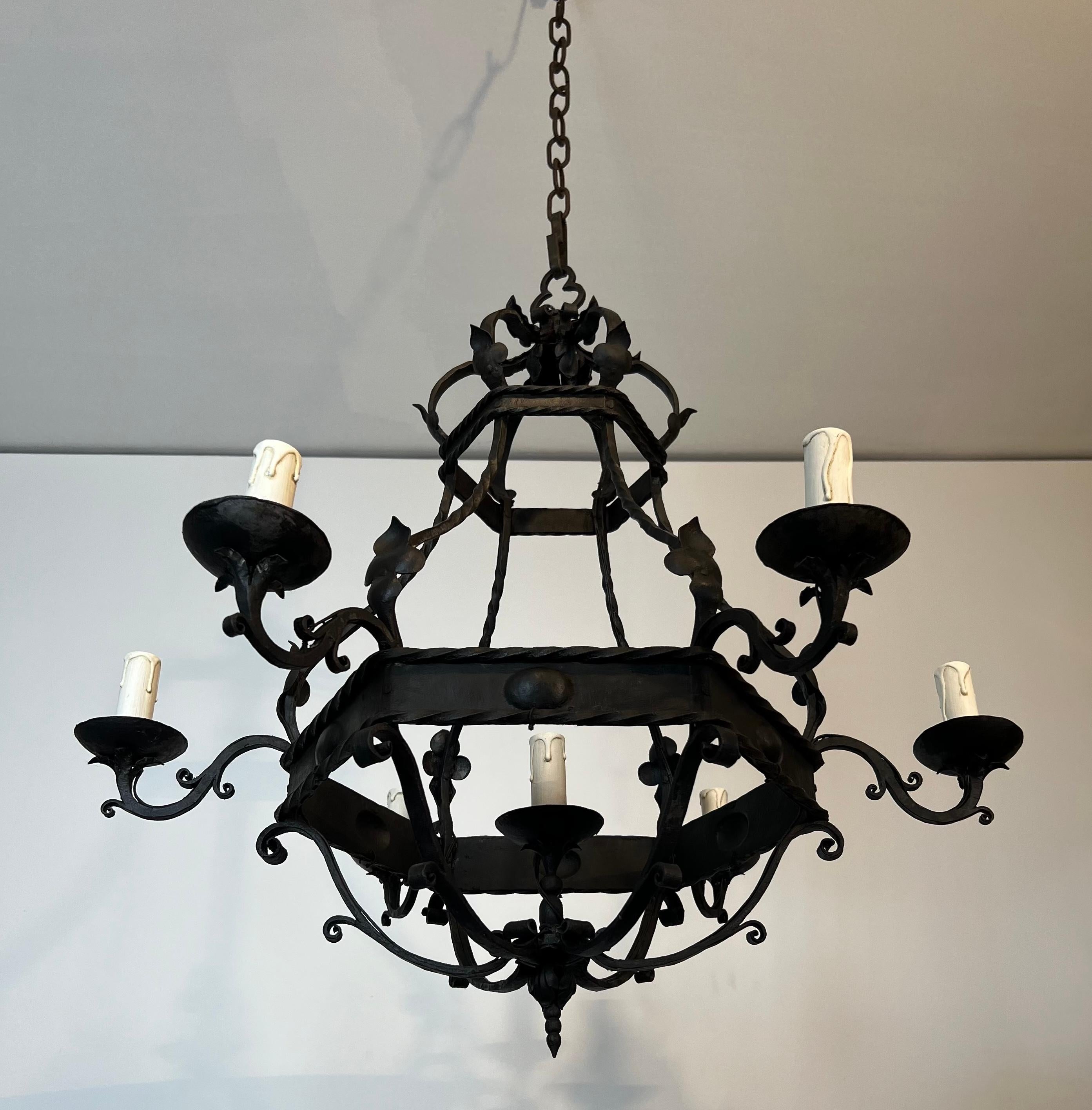 French Wrought Iron Cage Chandelier With 7 lights in The Gothic Style For Sale