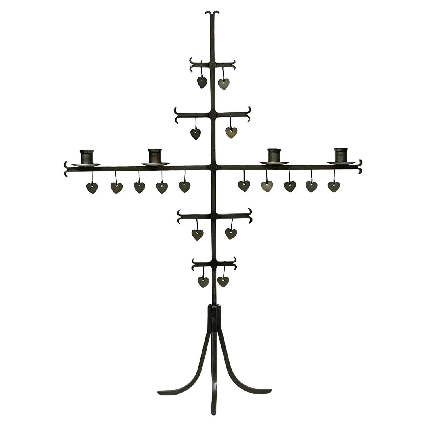 Wrought Iron Candelabra with Dangling Steel Hearts for 4 Candles by Gunnar Ander