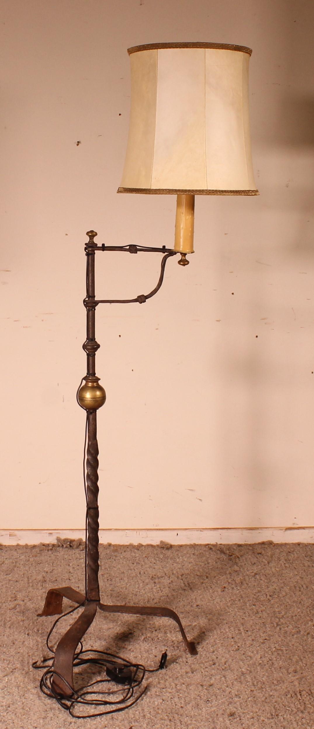 19th Century Wrought Iron Candle Holder with Goatskin Lampshade For Sale