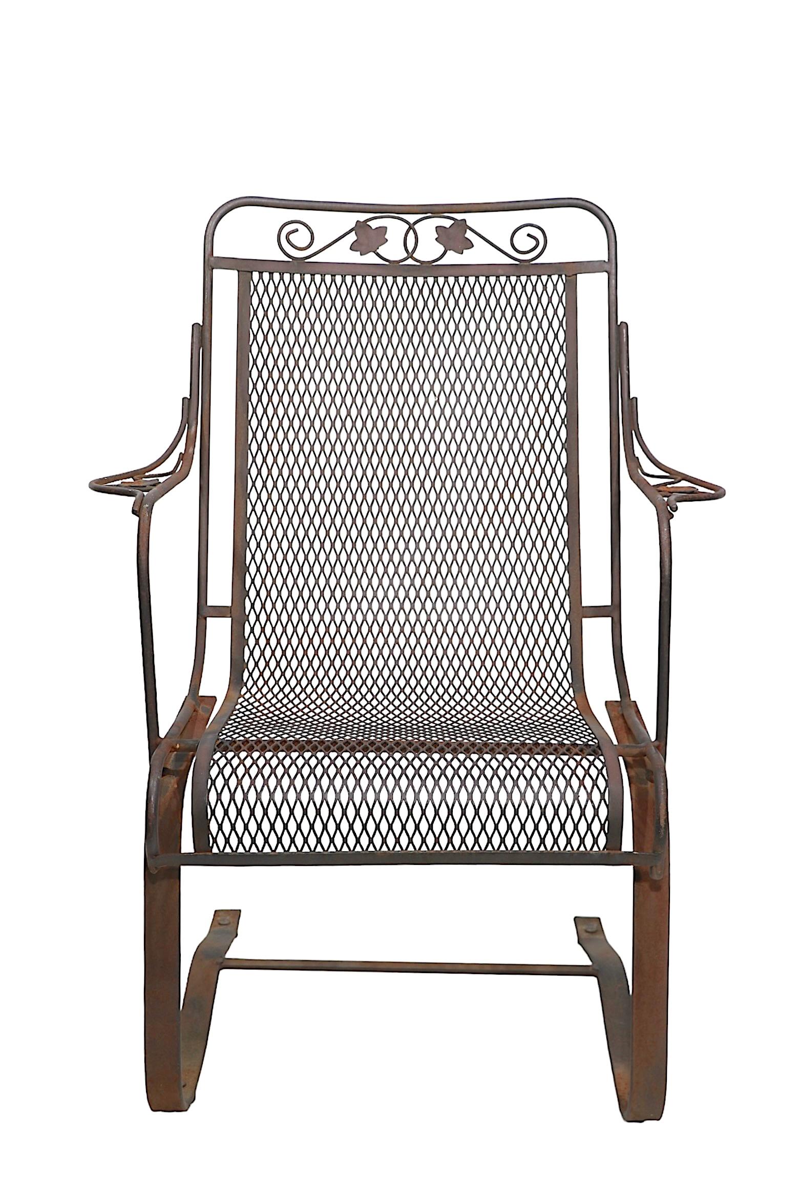 20th Century Wrought Iron Cantilevered High Back Lounge Garden Patio Poolside Chair 