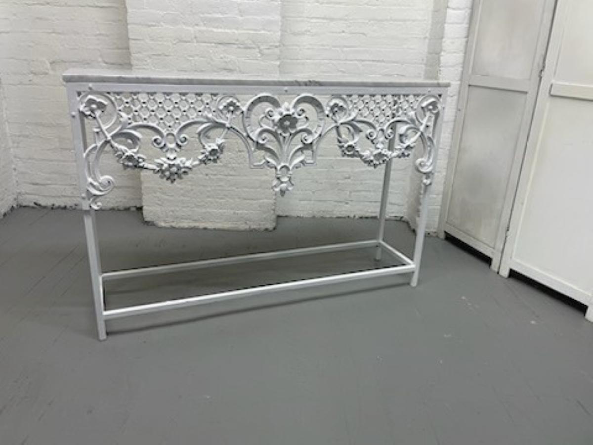 1960s White wrought iron console table with Carrara marble top.