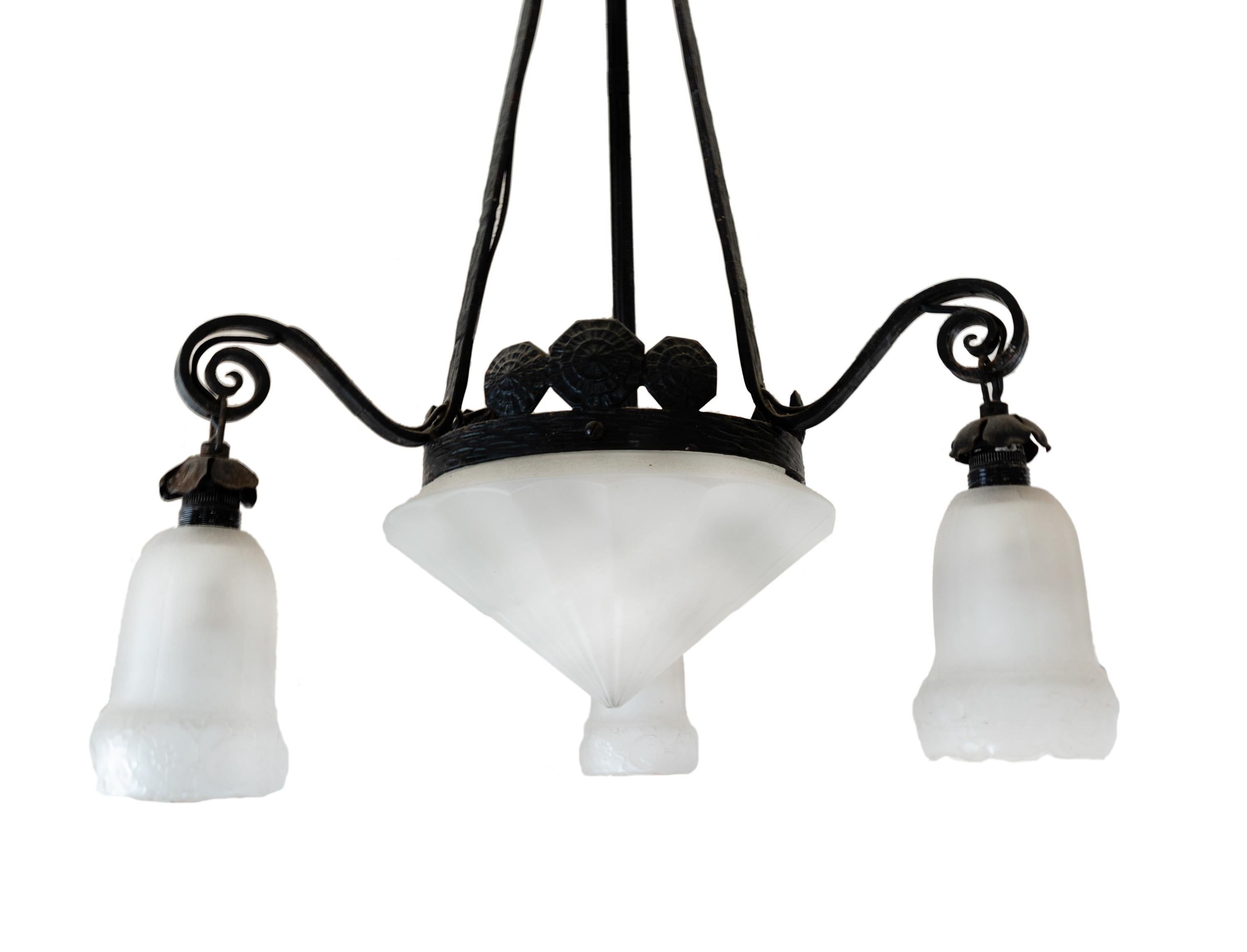 French Provincial Wrought Iron Ceiling Light with Frosted Glass, 1900s For Sale