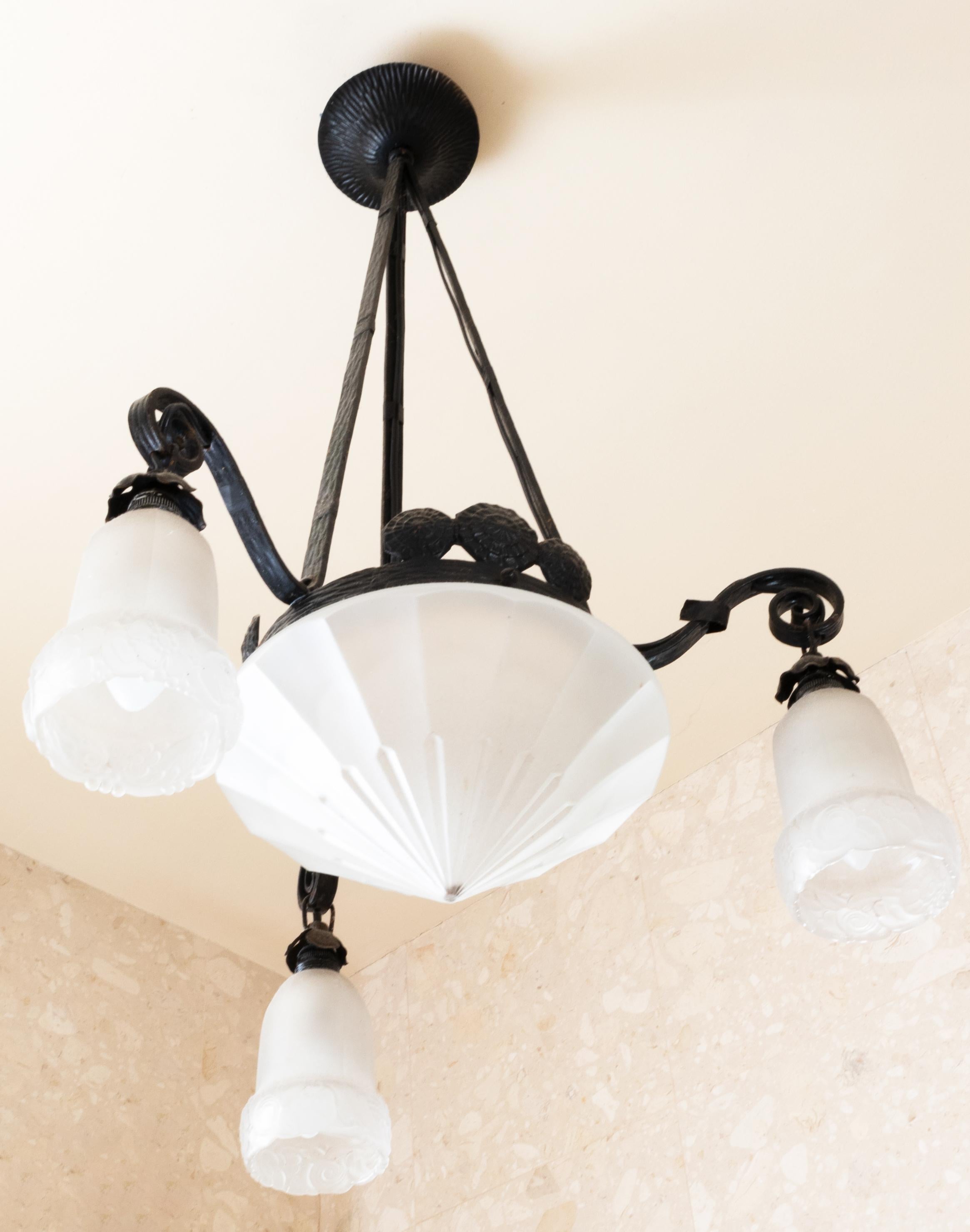 French Wrought Iron Ceiling Light with Frosted Glass, 1900s For Sale