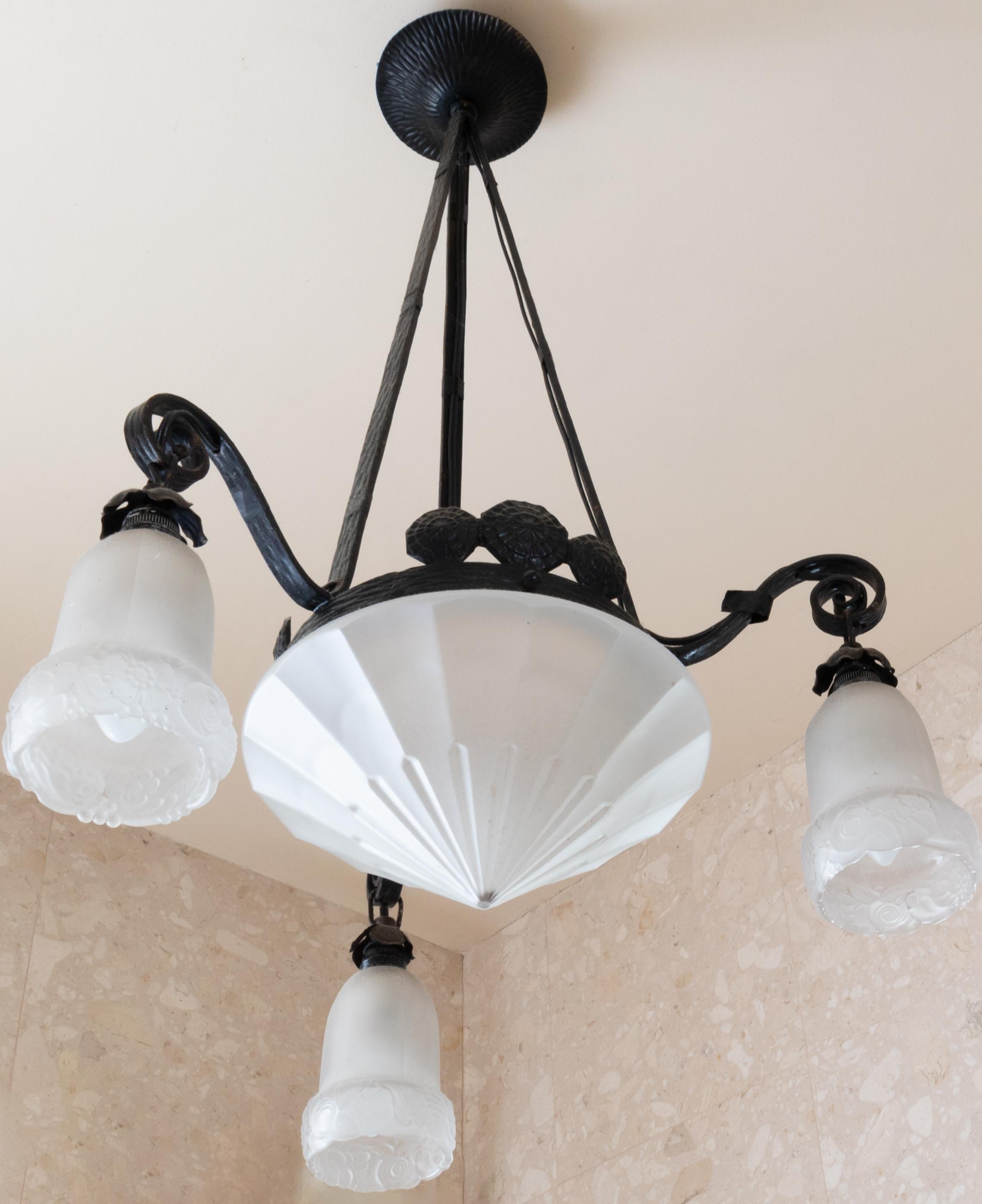 Patinated Wrought Iron Ceiling Light with Frosted Glass, 1900s For Sale