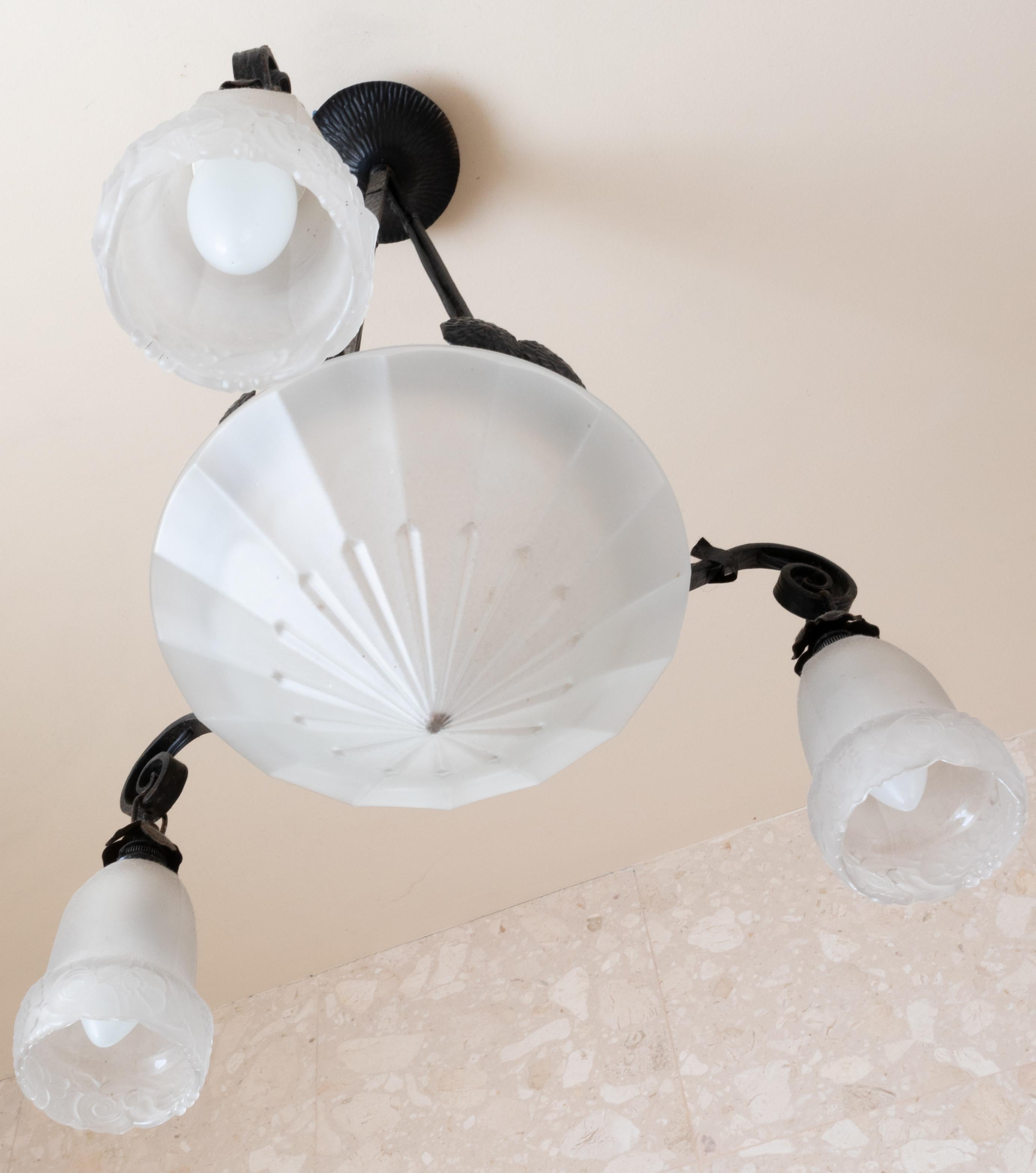 20th Century Wrought Iron Ceiling Light with Frosted Glass, 1900s For Sale