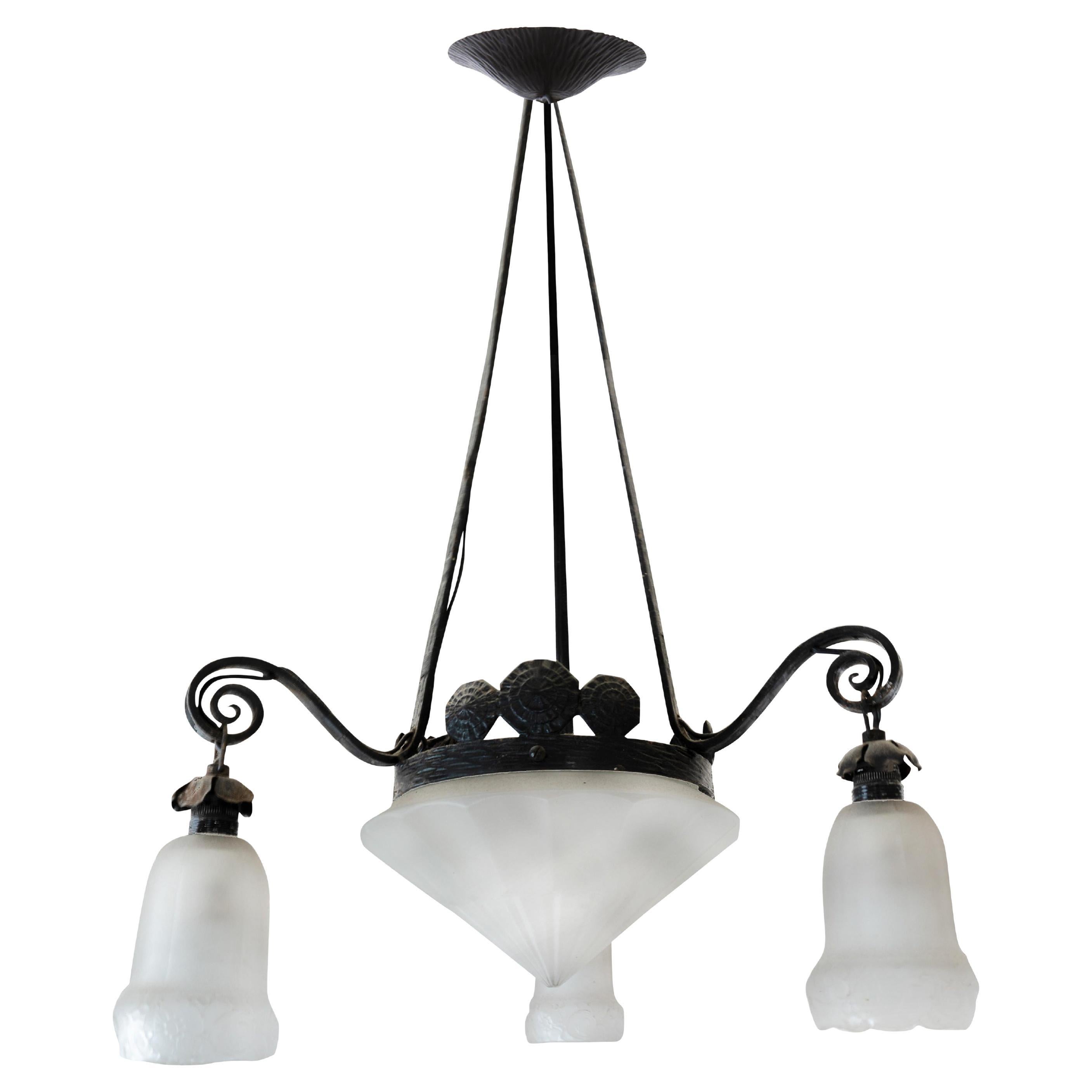 Wrought Iron Ceiling Light with Frosted Glass, 1900s