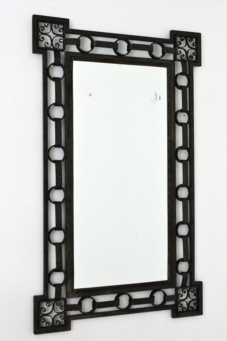 French Wrought Iron Rectangular Mirror with Chain Link Design, 1940s