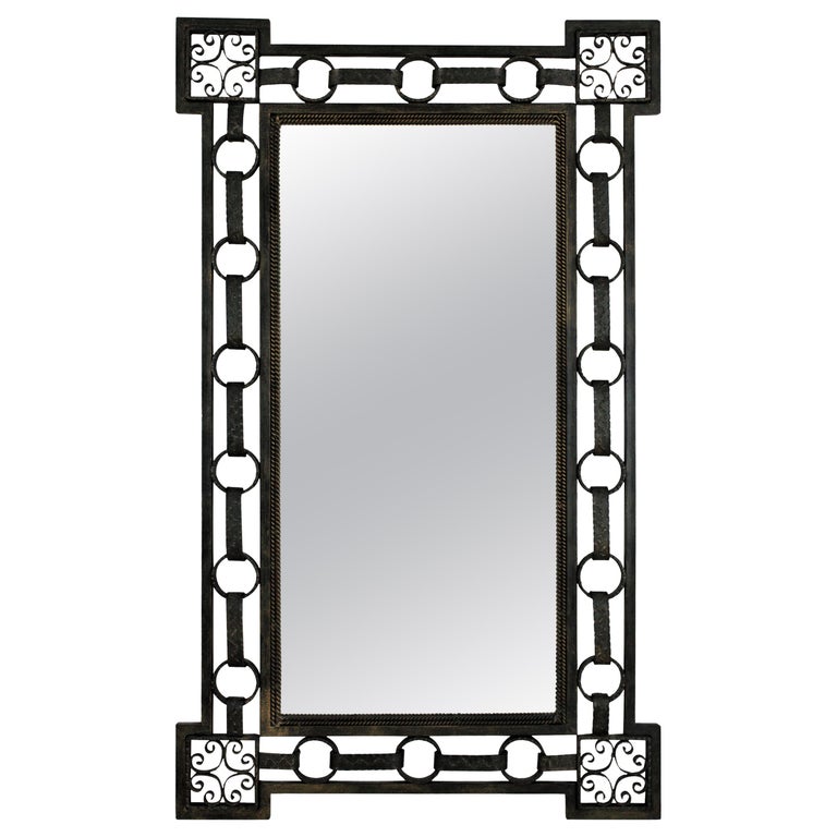 French Wrought Iron Rectangular Mirror with Chain Link Design, 1940s