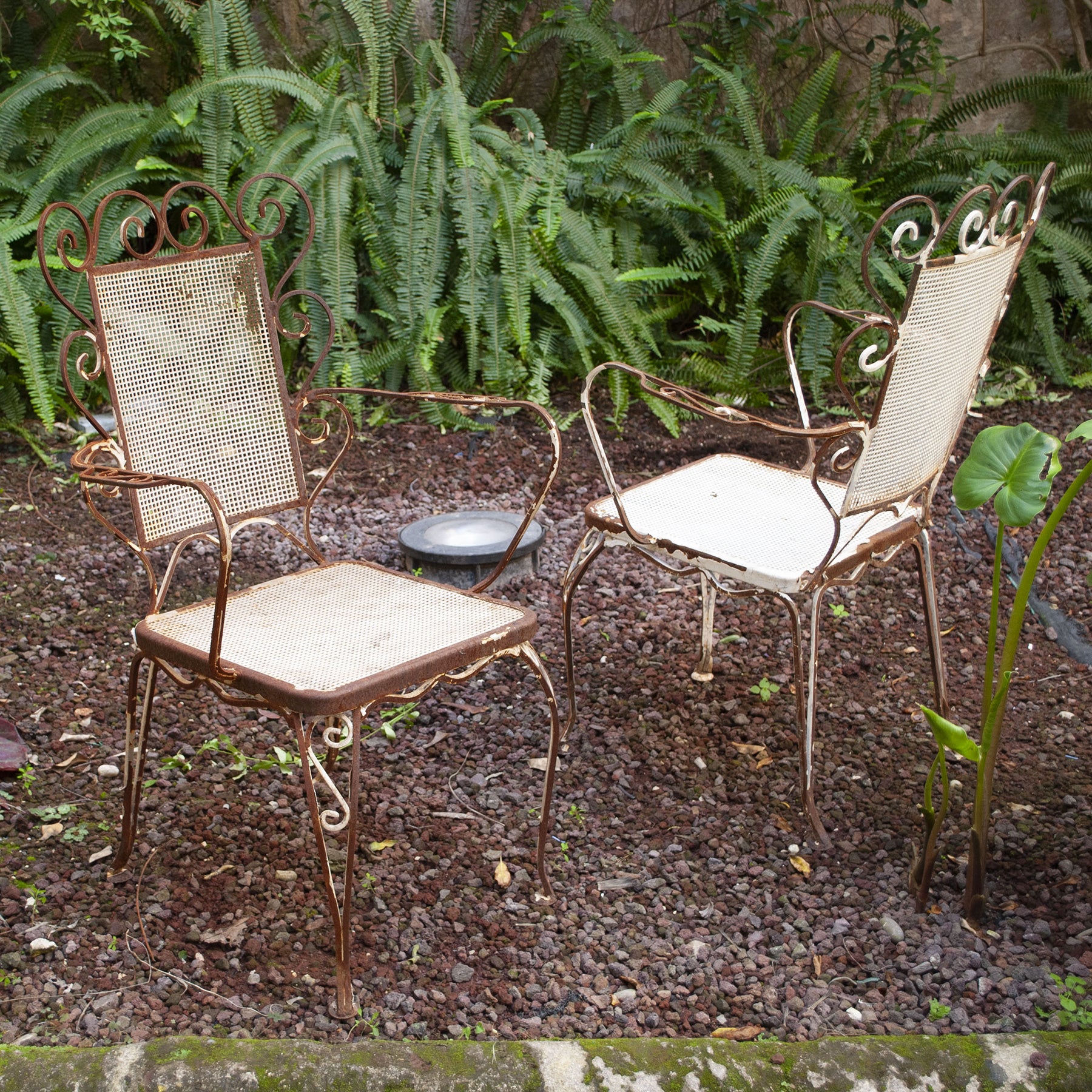 Set of four wrought iron chairs Italian home and garden production mid-1950s, The four chairs are intentionally left with their antique patina.