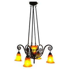 Antique Wrought Iron Chandelier by Marcel Masseur and Art Glass by Daum Nancy