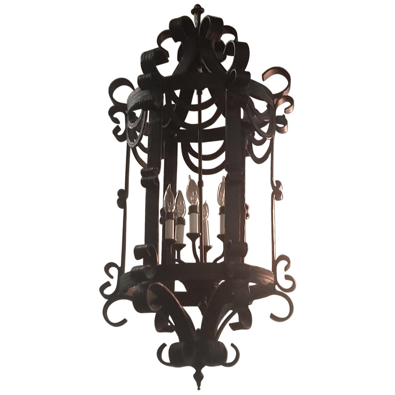Classic Gothic Scroll Lantern Ribbon Style Wrought Iron Chandelier Hand Forged
