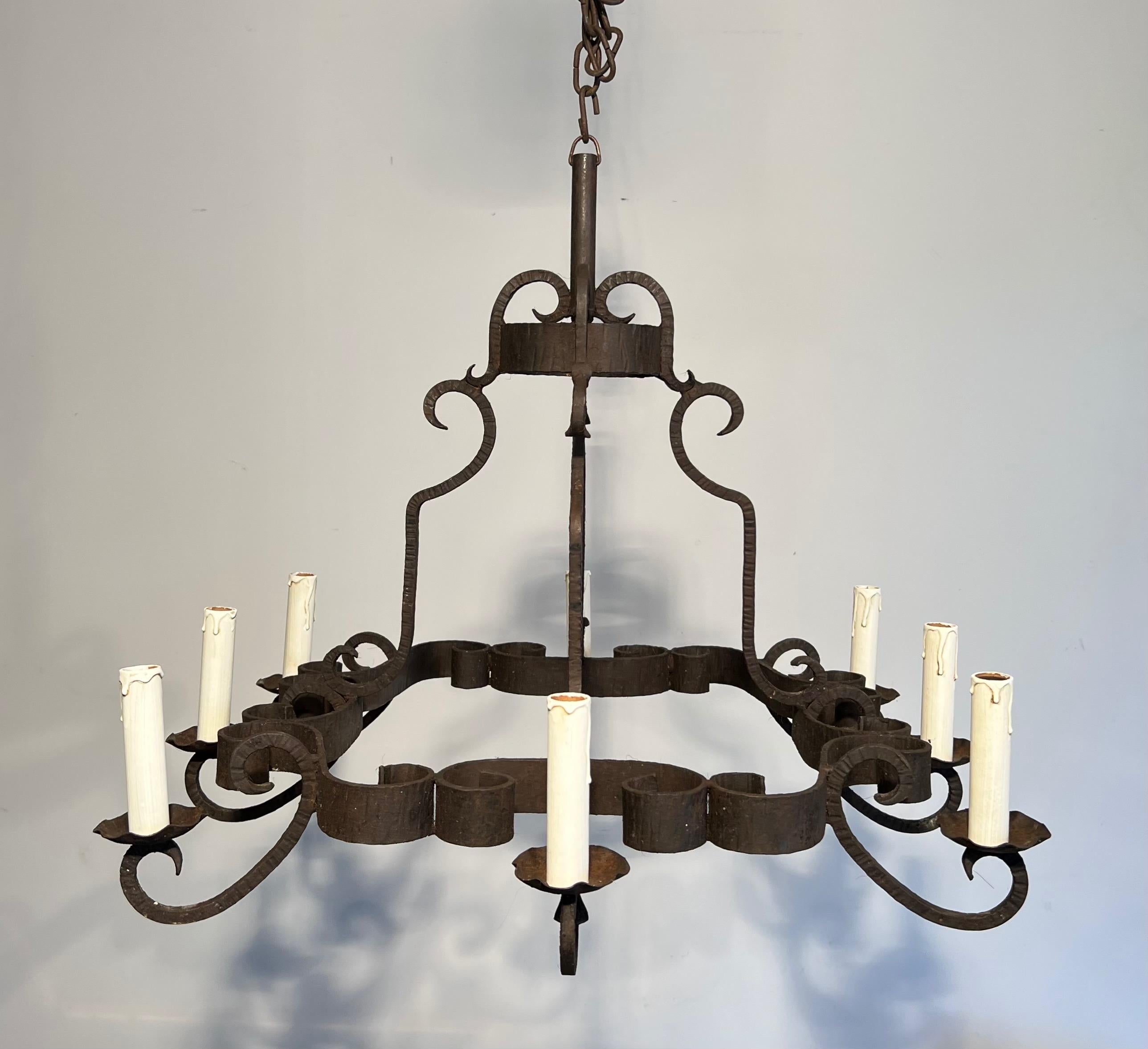 Gothic Revival Wrought Iron Chandelier. French work. Circa 1950 For Sale