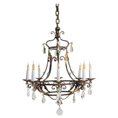 Wrought Iron Chandelier, in Golden Party, 19th Century, Crystal Pendants Wrought Iron Chandelier, in Golden Party, 19th Century, Crystal Pendants