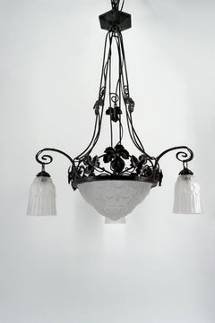 Wrought Iron Chandelier, Tulips and Pressed-Molded Glass Bowl, Art Deco, France