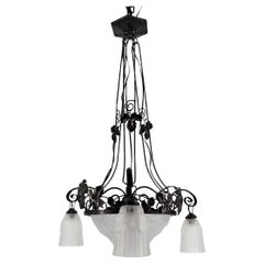 Wrought Iron Chandelier, Tulips and Pressed-Molded Glass Bowl, Art Deco, France