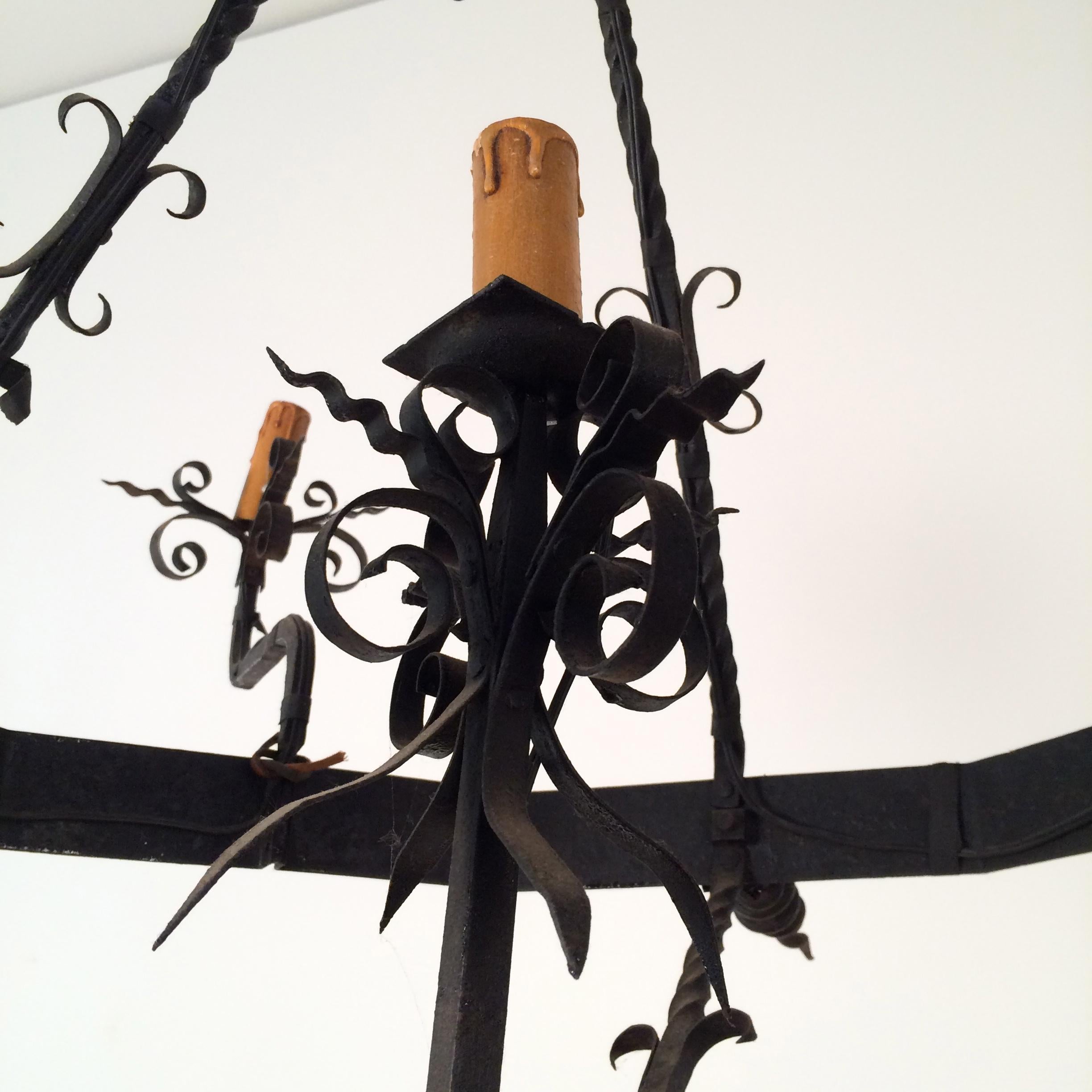 Wrought Iron Chandelier with 5 Lights, French, circa 1940 4