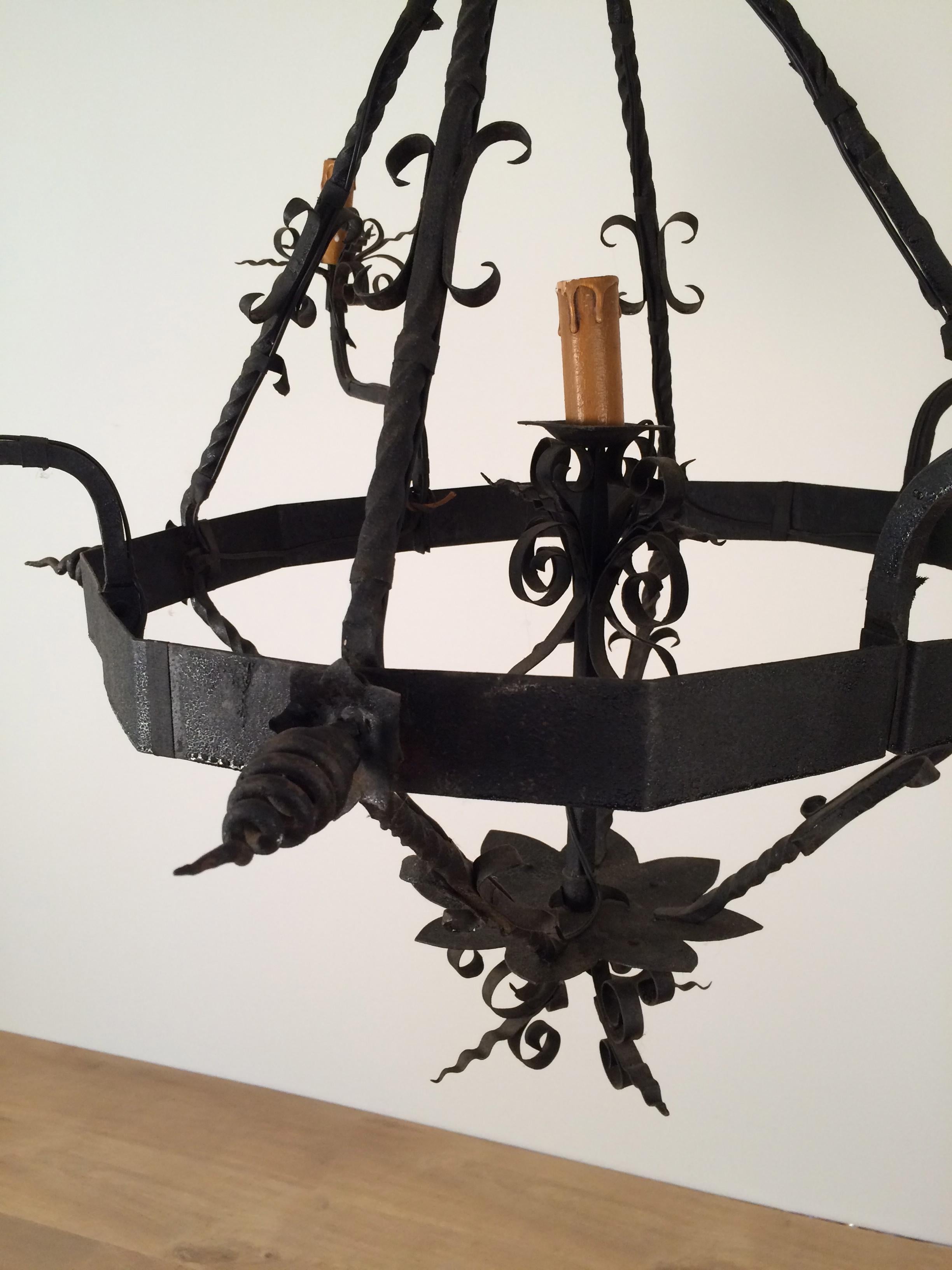Wrought Iron Chandelier with 5 Lights, French, circa 1940 5