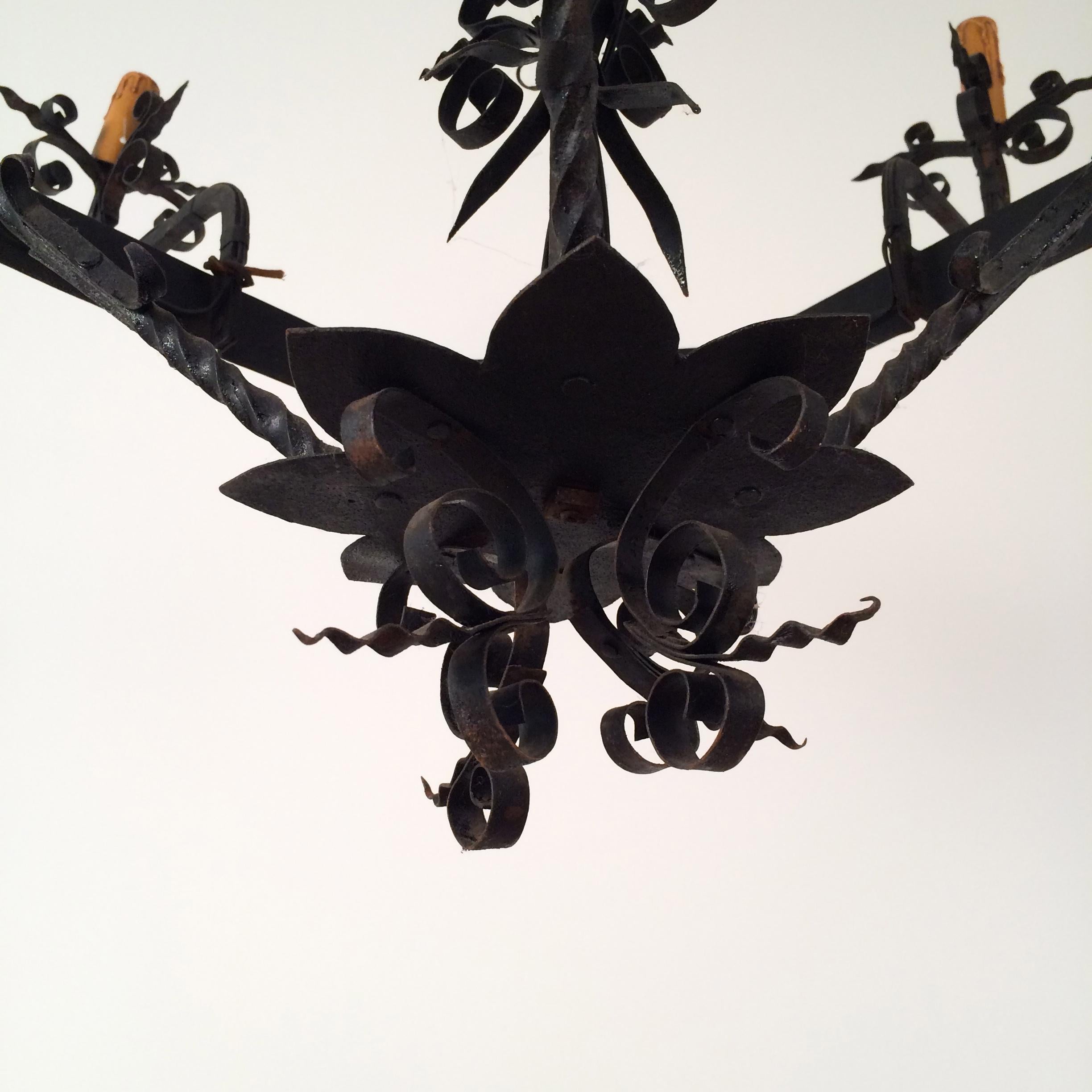 Wrought Iron Chandelier with 5 Lights, French, circa 1940 8
