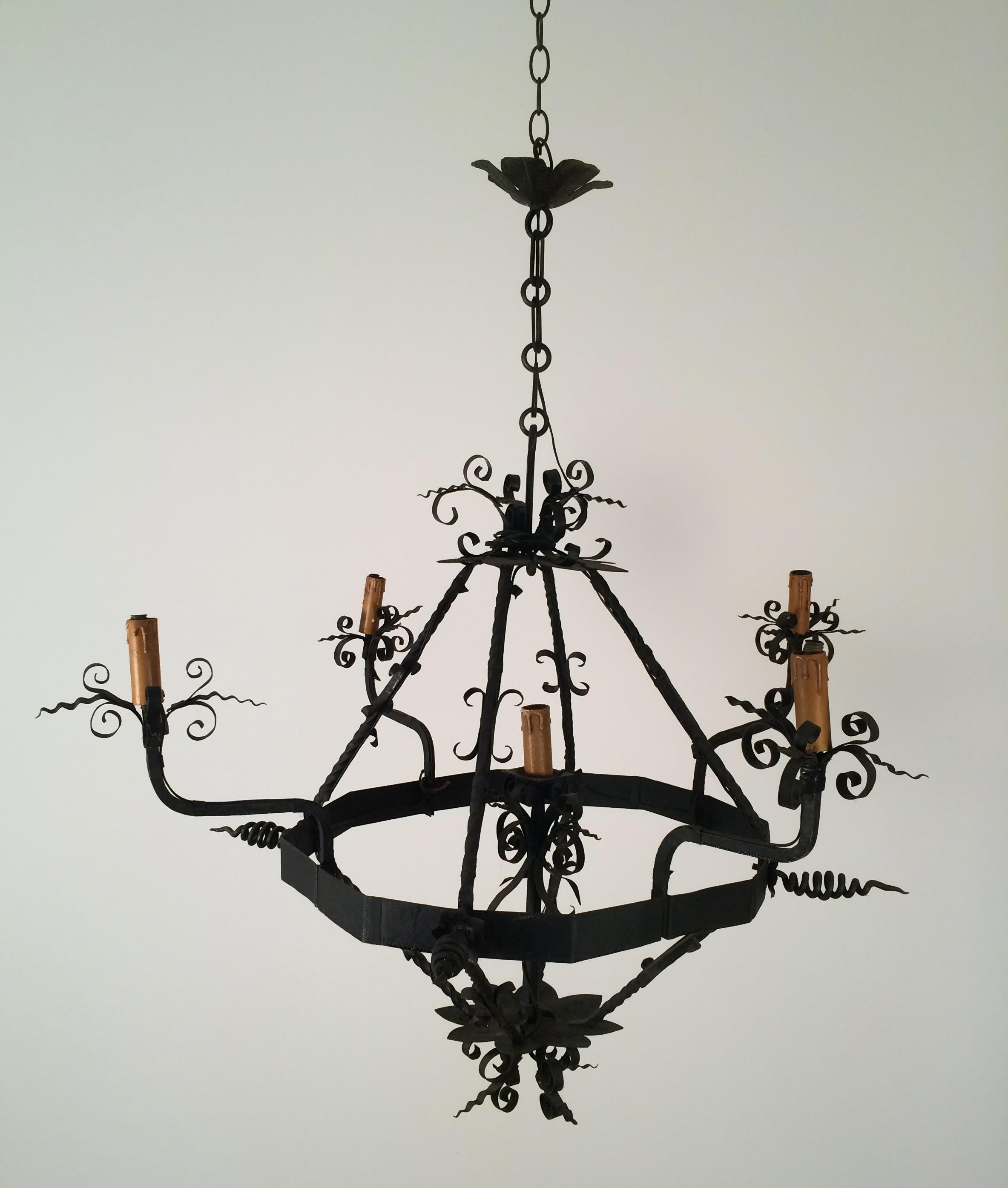 Wrought Iron Chandelier with 5 Lights, French, circa 1940 9