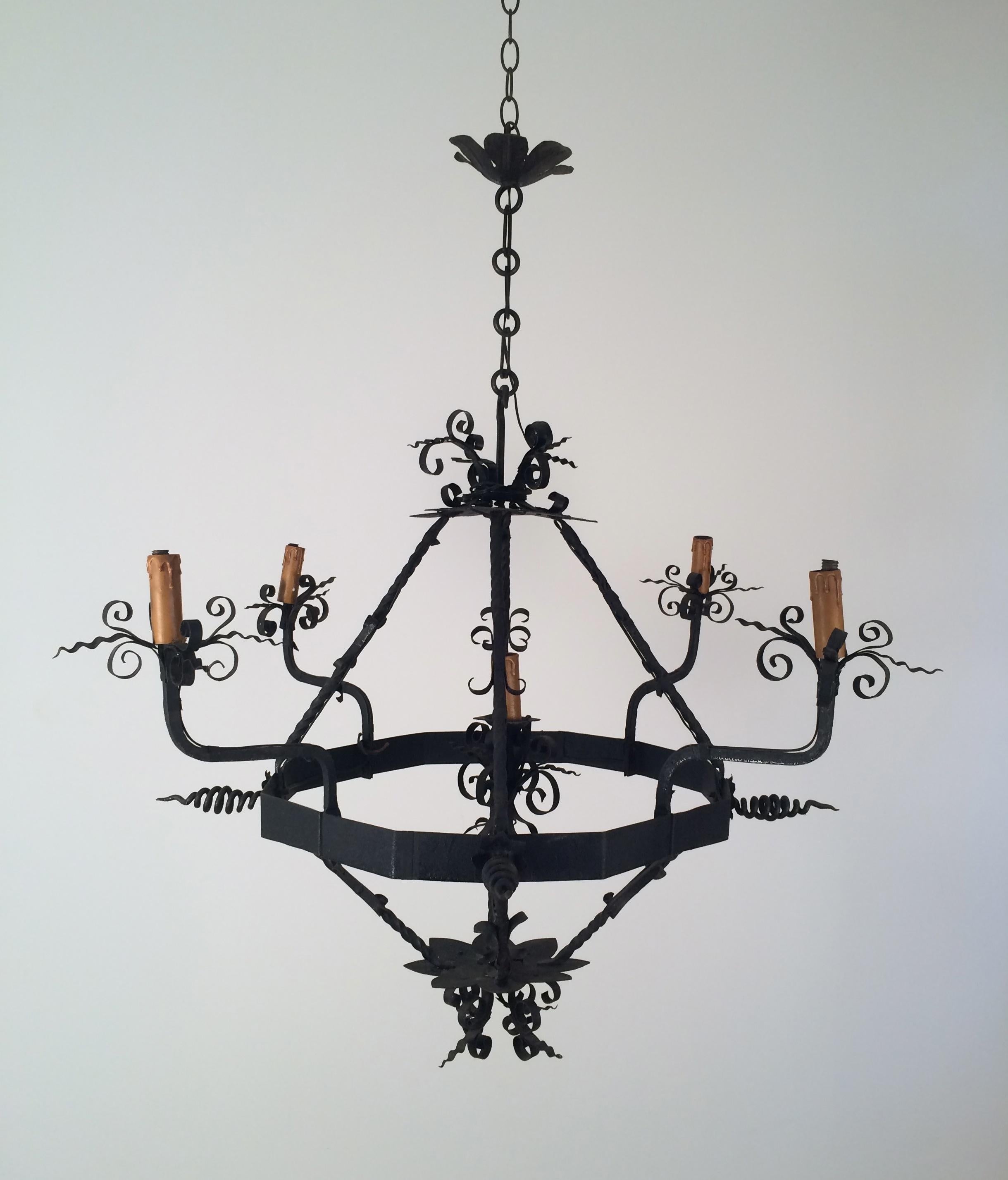 Wrought Iron Chandelier with 5 Lights, French, circa 1940 10