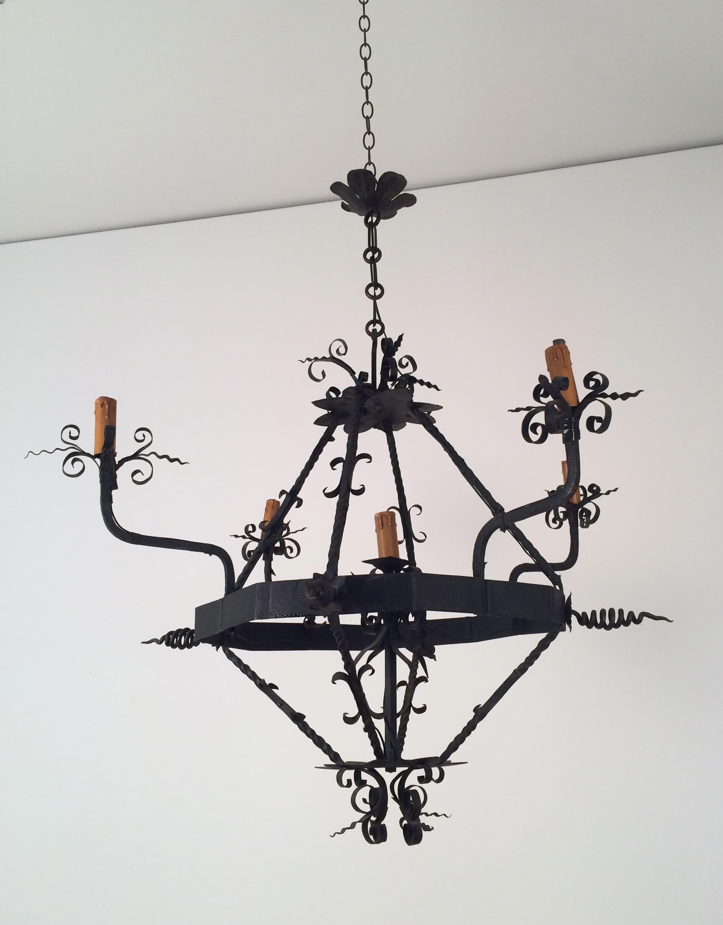Gothic Wrought Iron Chandelier with 5 Lights, French, circa 1940
