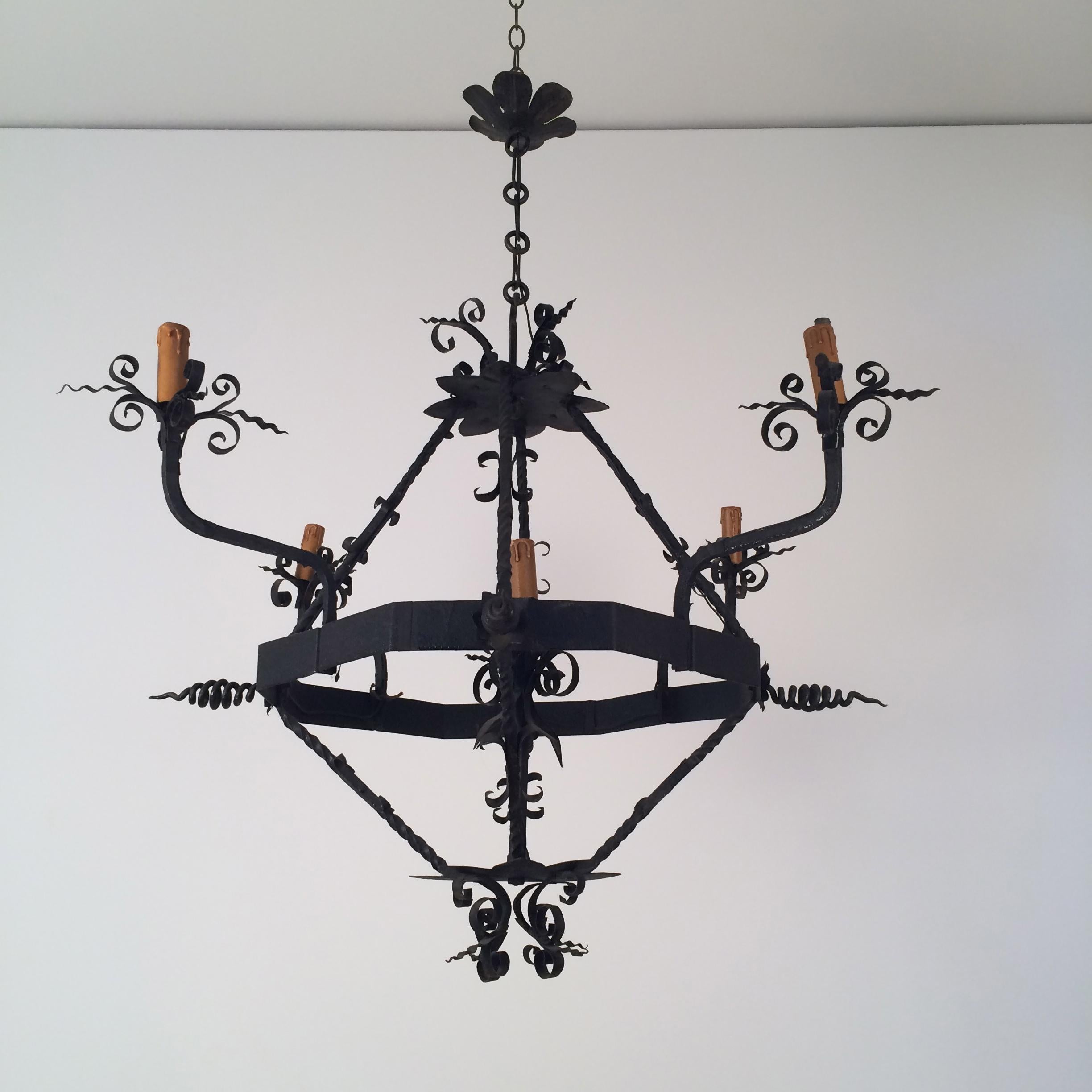 Wrought Iron Chandelier with 5 Lights, French, circa 1940 In Good Condition In Marcq-en-Barœul, Hauts-de-France