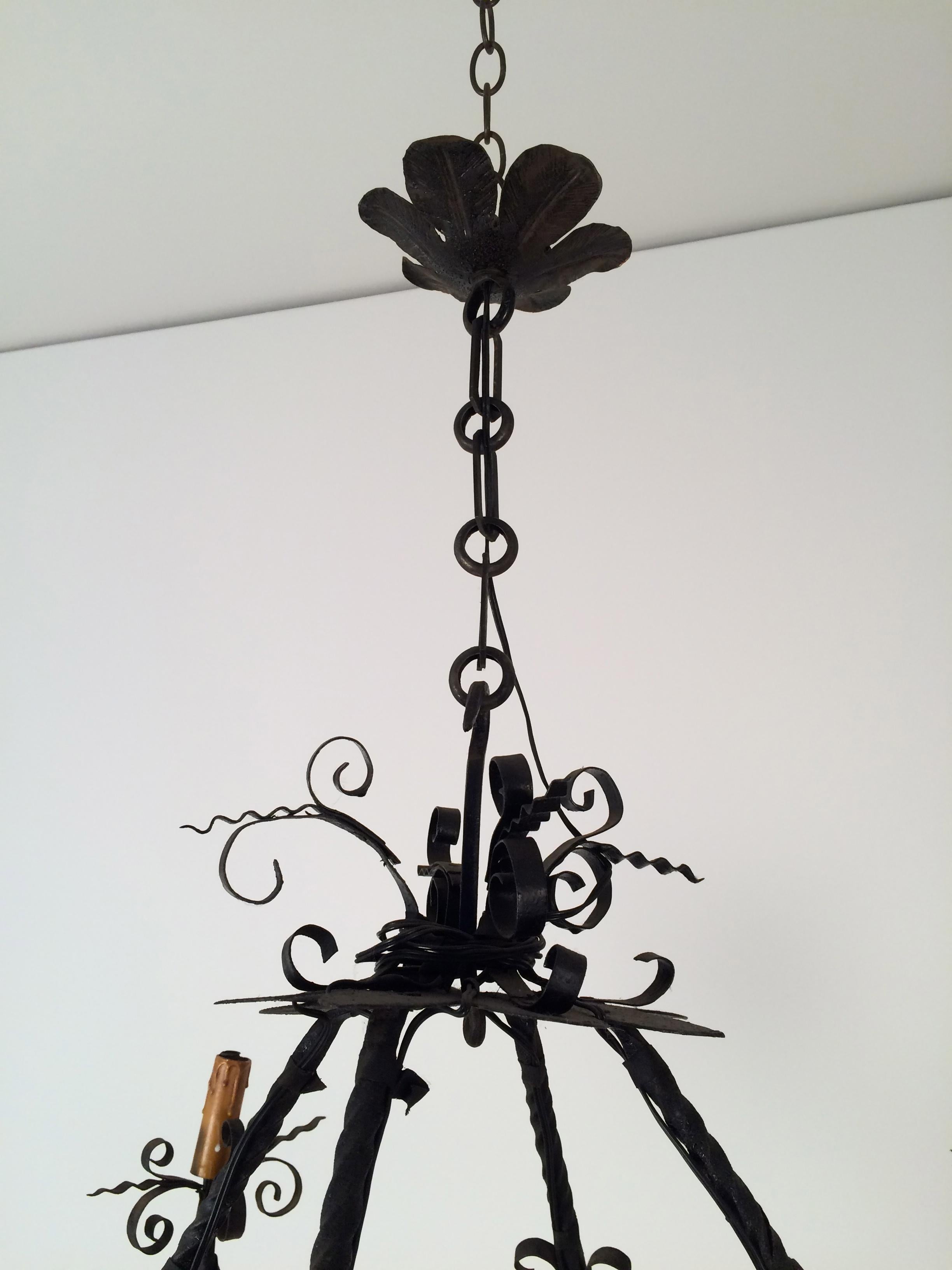 Mid-20th Century Wrought Iron Chandelier with 5 Lights, French, circa 1940