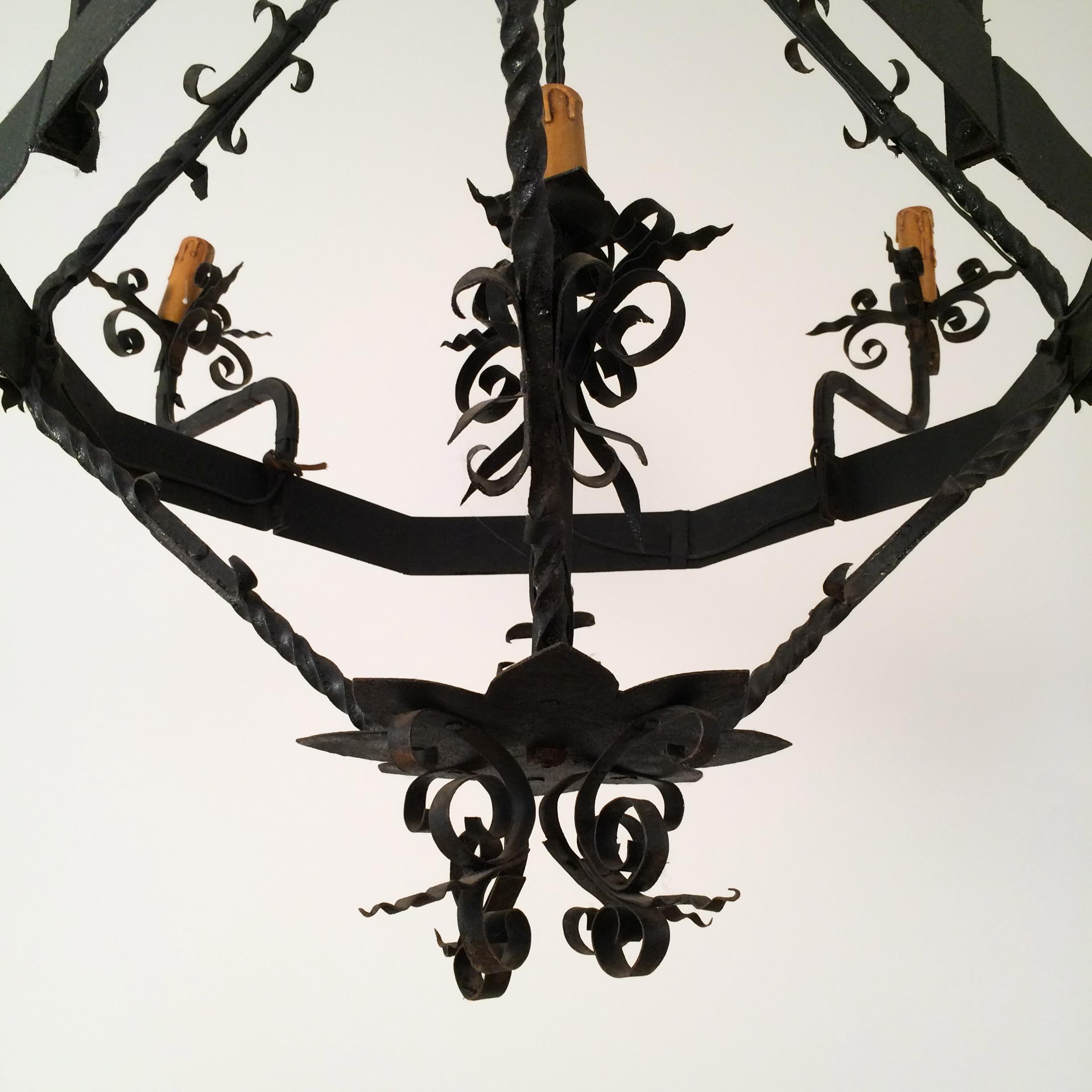 Wrought Iron Chandelier with 5 Lights, French, circa 1940 2