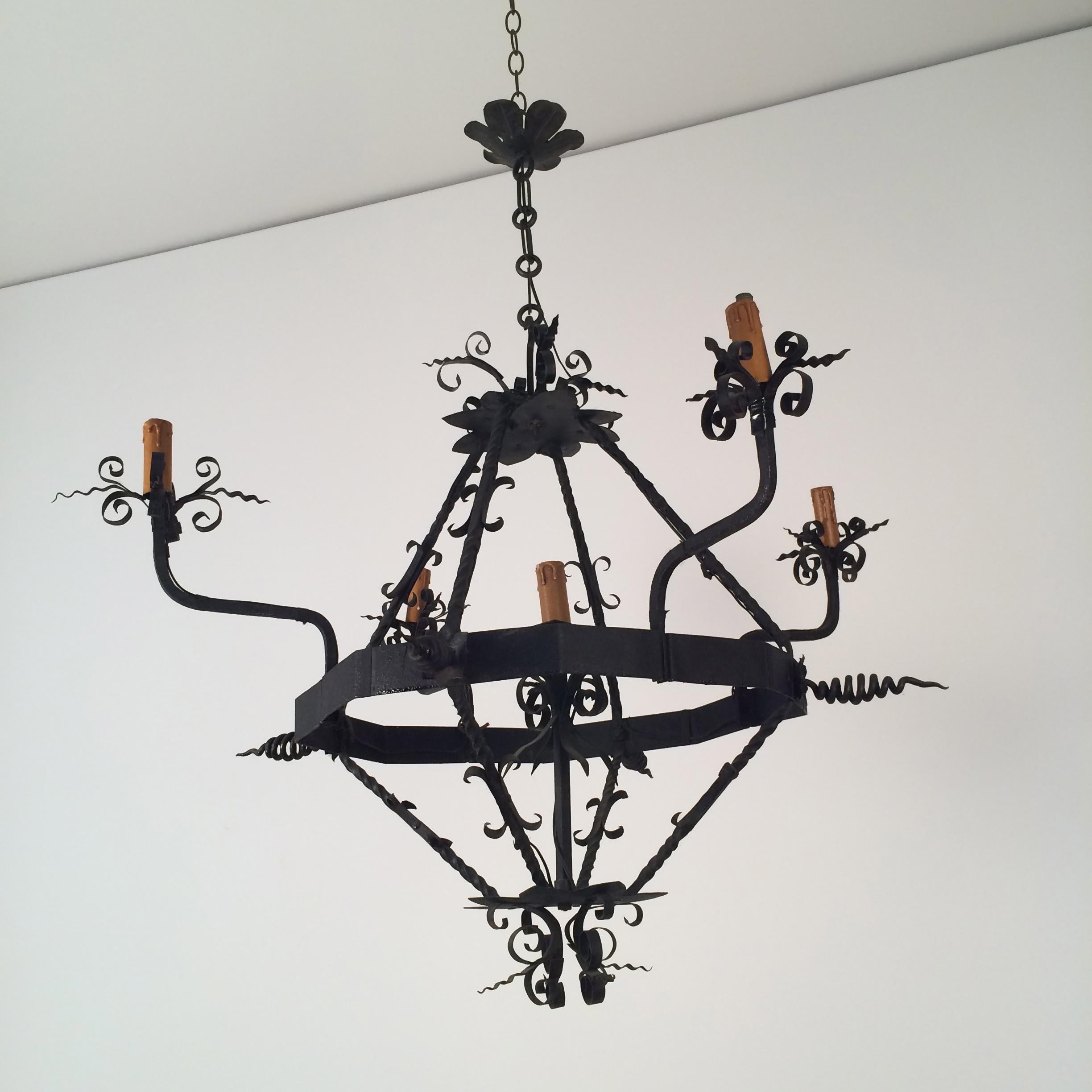 Wrought Iron Chandelier with 5 Lights, French, circa 1940 3