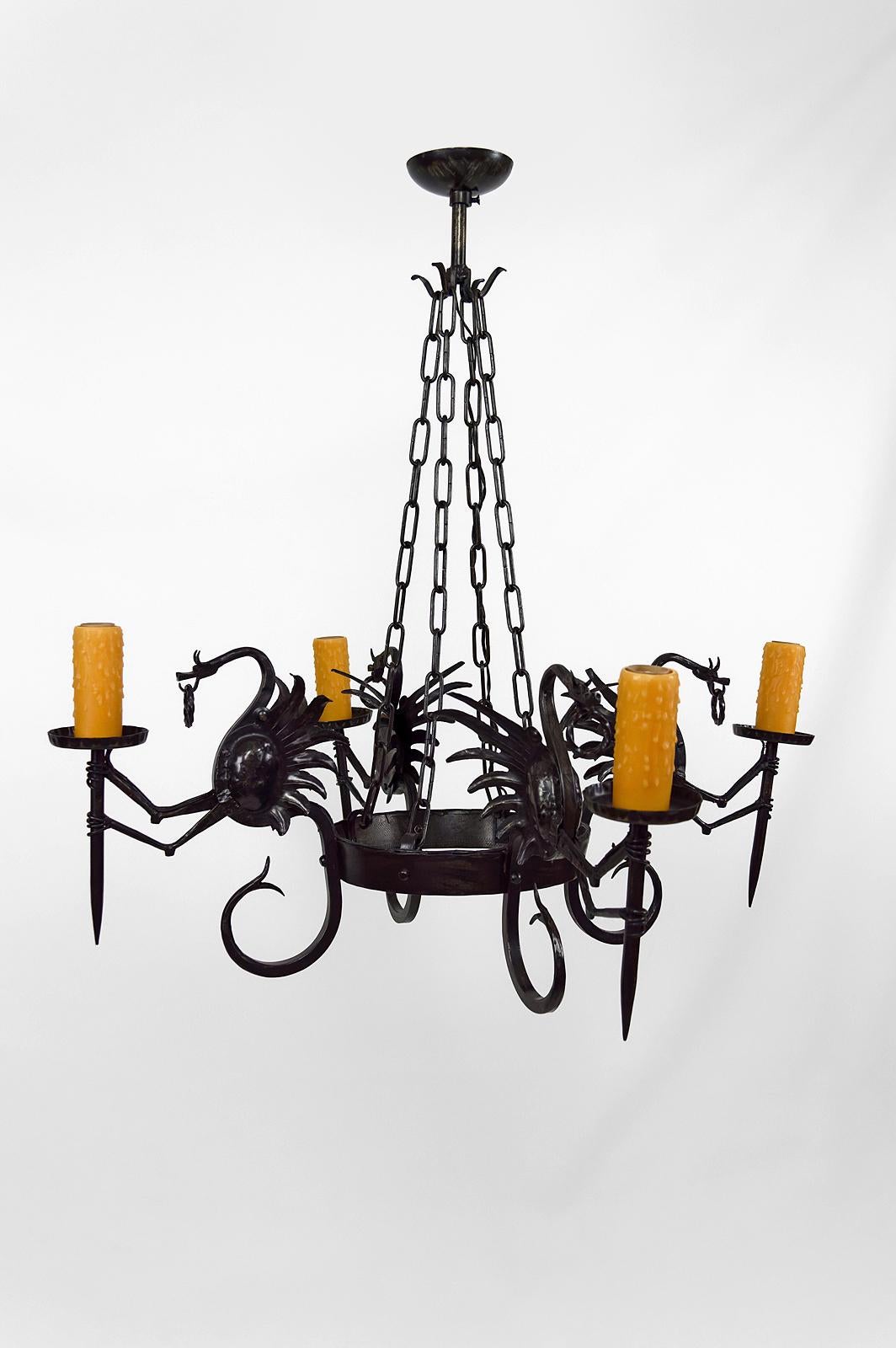 Italian Wrought Iron Chandelier with Dragons, Italy, circa 1900 For Sale