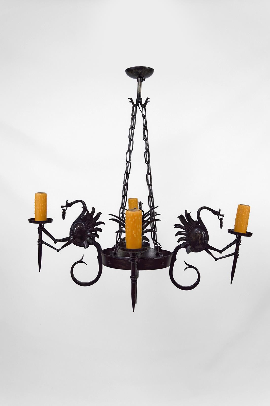 Early 20th Century Wrought Iron Chandelier with Dragons, Italy, circa 1900 For Sale