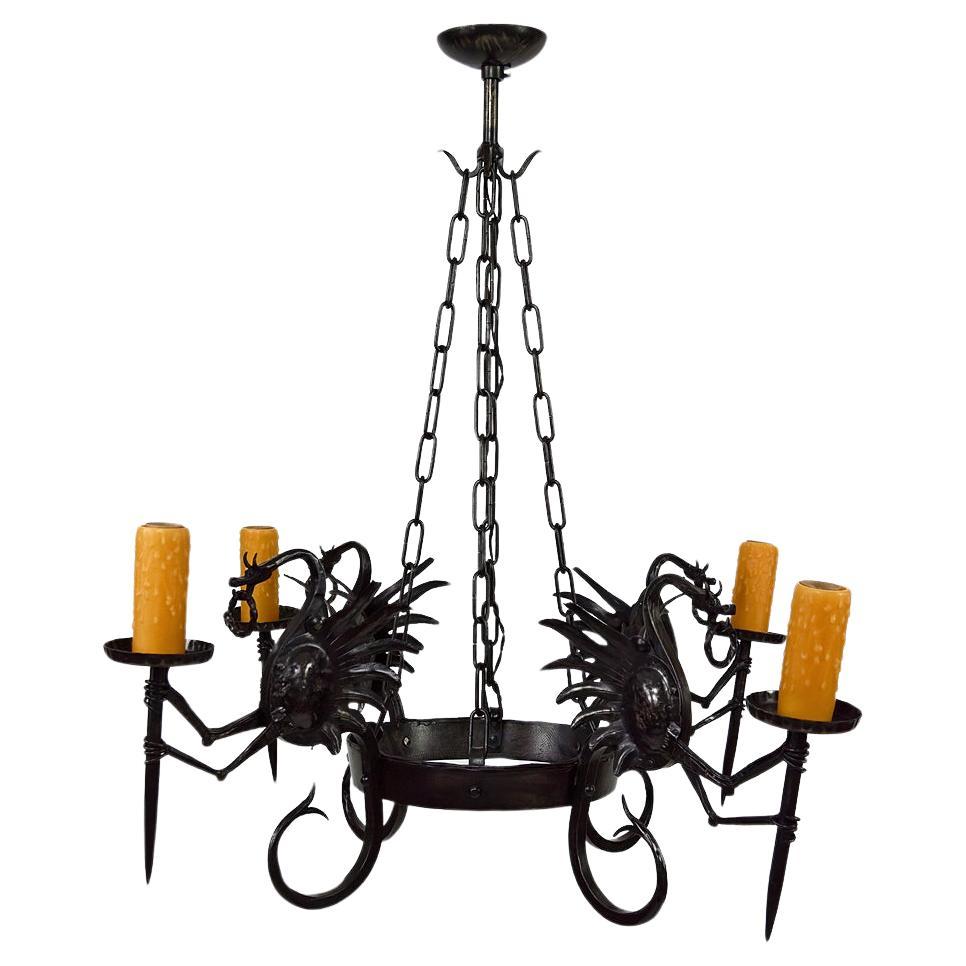 Wrought Iron Chandelier with Dragons, Italy, circa 1900 For Sale