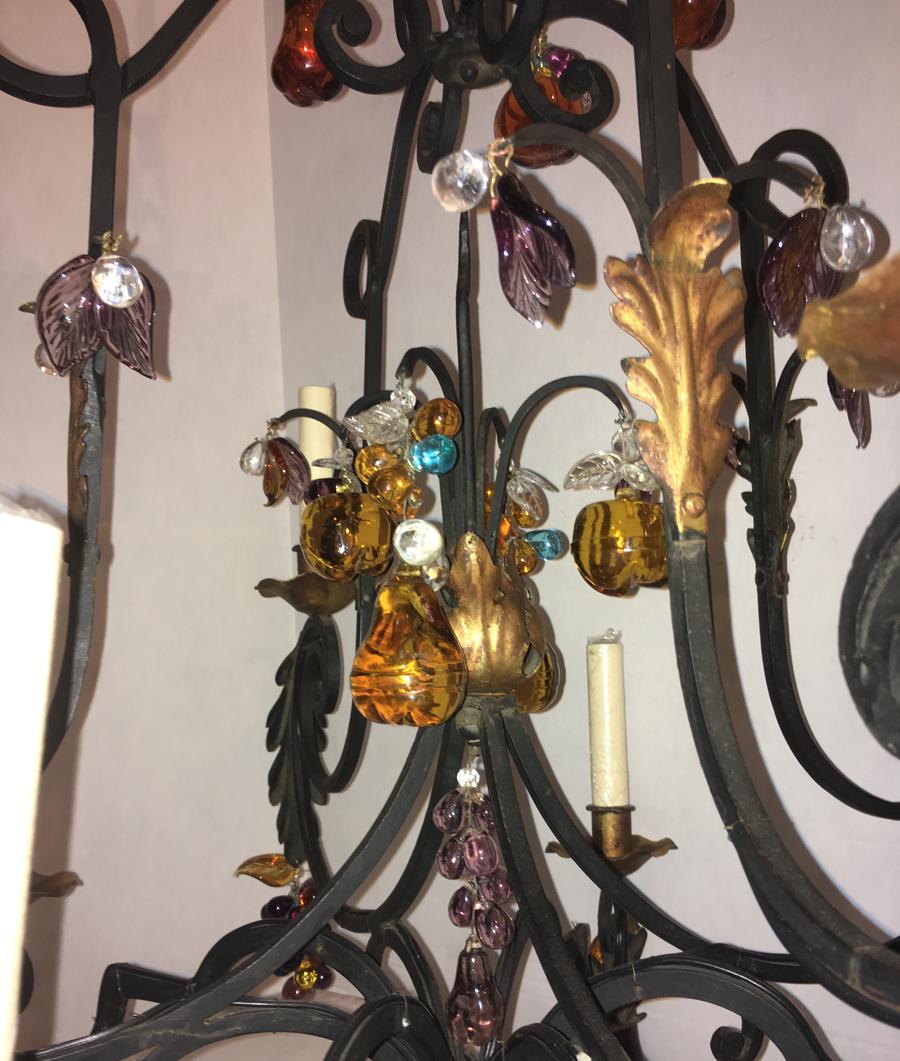Italian Wrought Iron Chandelier with Crystal Drops and Glass Fruit For Sale