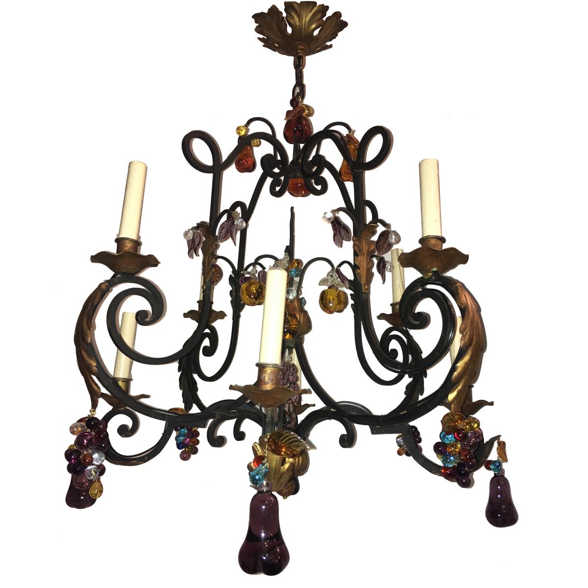 Wrought Iron Chandelier with Crystal Drops and Glass Fruit For Sale