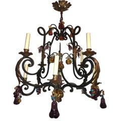 Used Wrought Iron Chandelier with Crystal Drops and Glass Fruit