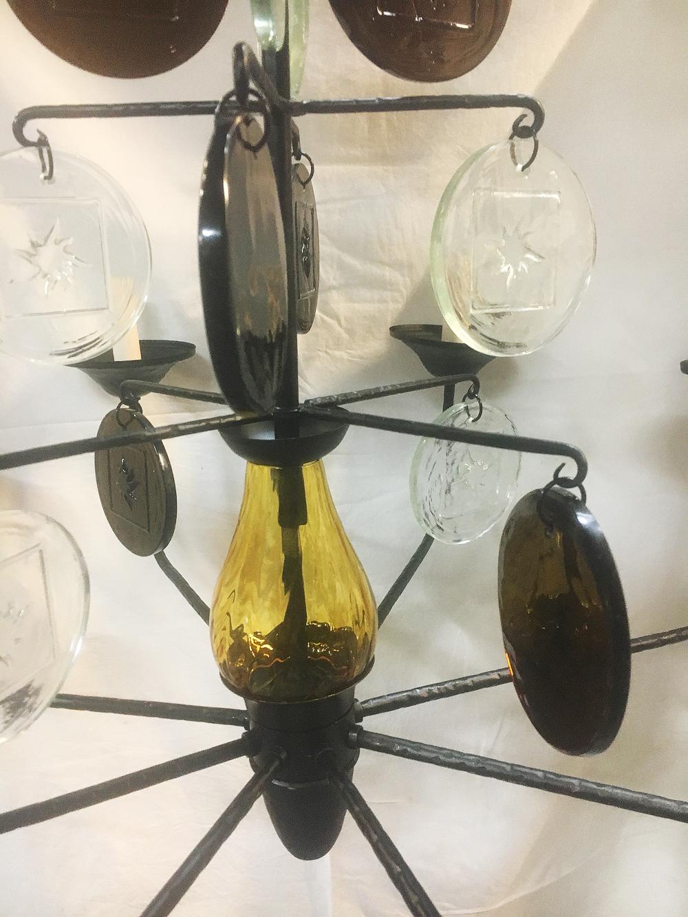 Wrought Iron Chandelier with Glass Pendants In Good Condition For Sale In New York, NY