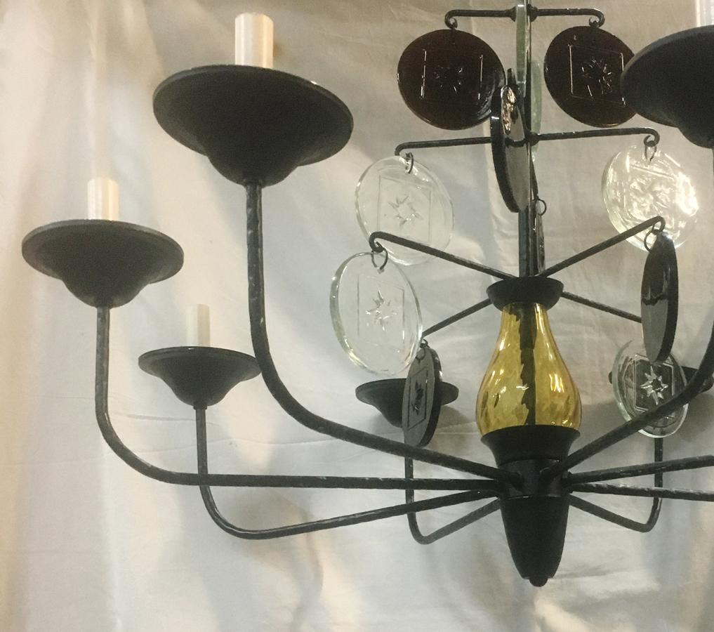Wrought Iron Chandelier with Glass Pendants For Sale 1