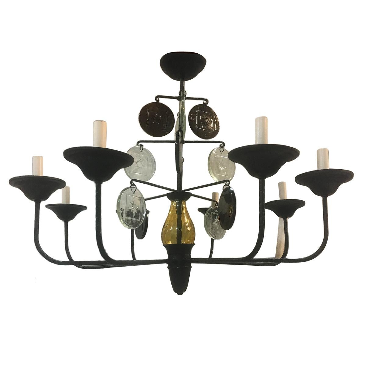 Wrought Iron Chandelier with Glass Pendants For Sale