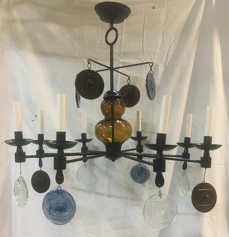 Swedish Wrought Iron Chandelier with Molded Glass Pendants For Sale