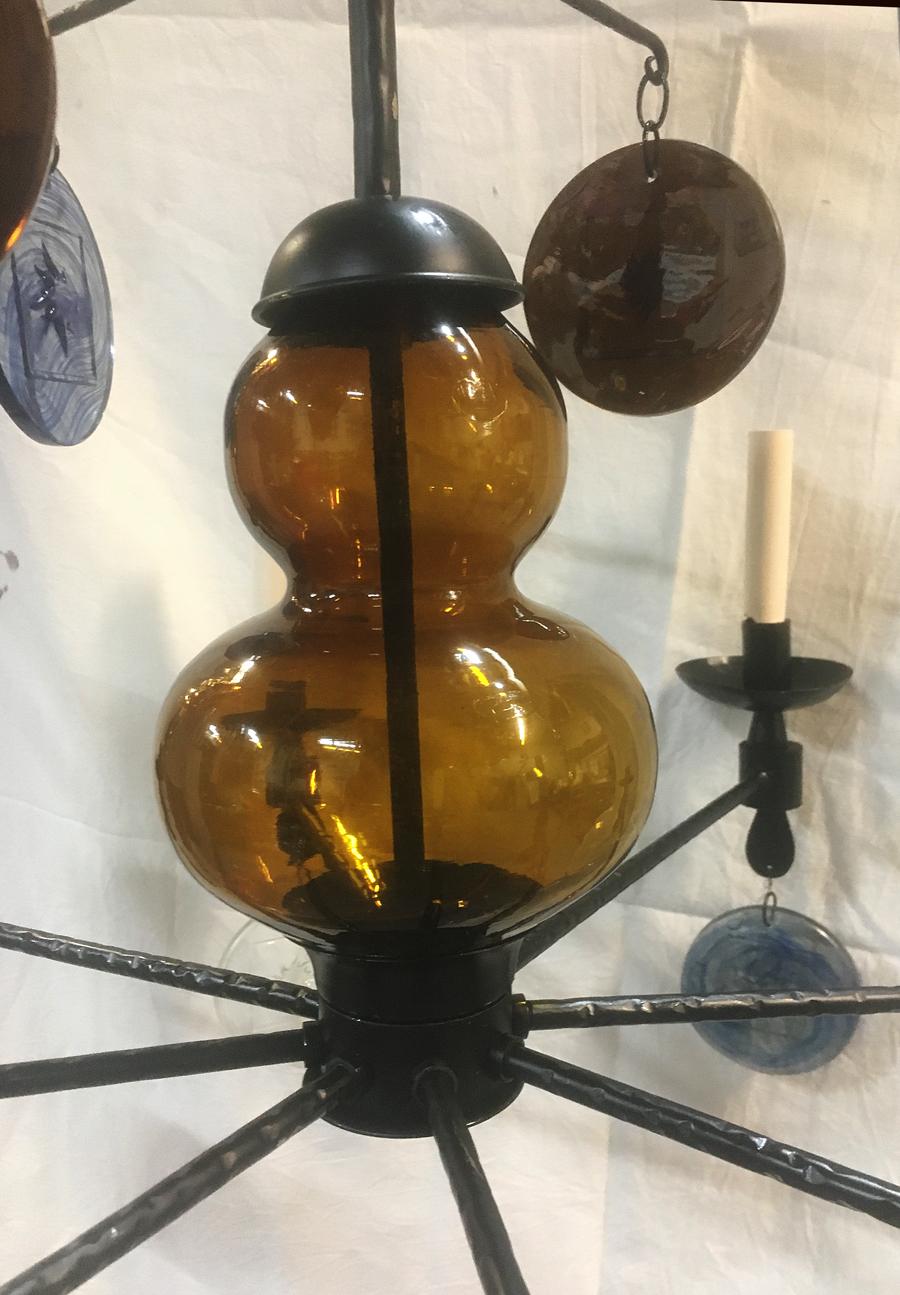Mid-20th Century Wrought Iron Chandelier with Molded Glass Pendants For Sale