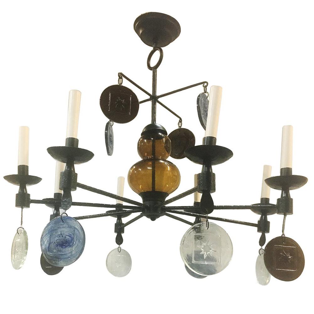 Wrought Iron Chandelier with Molded Glass Pendants For Sale