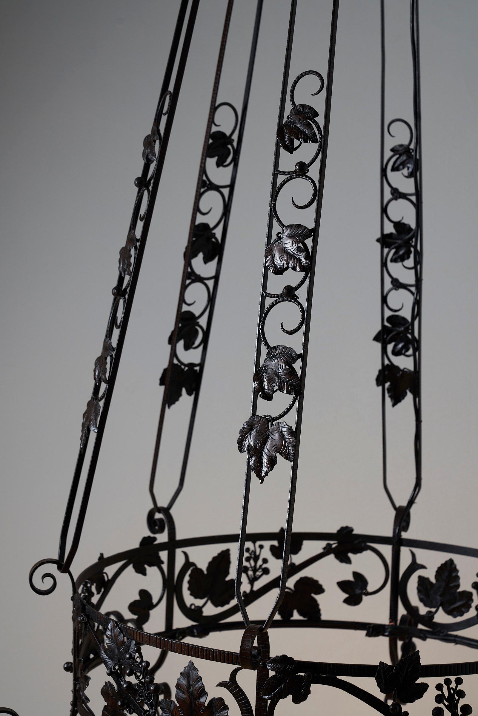 20th Century Wrought Iron Chandelier with Wine Leaves For Sale