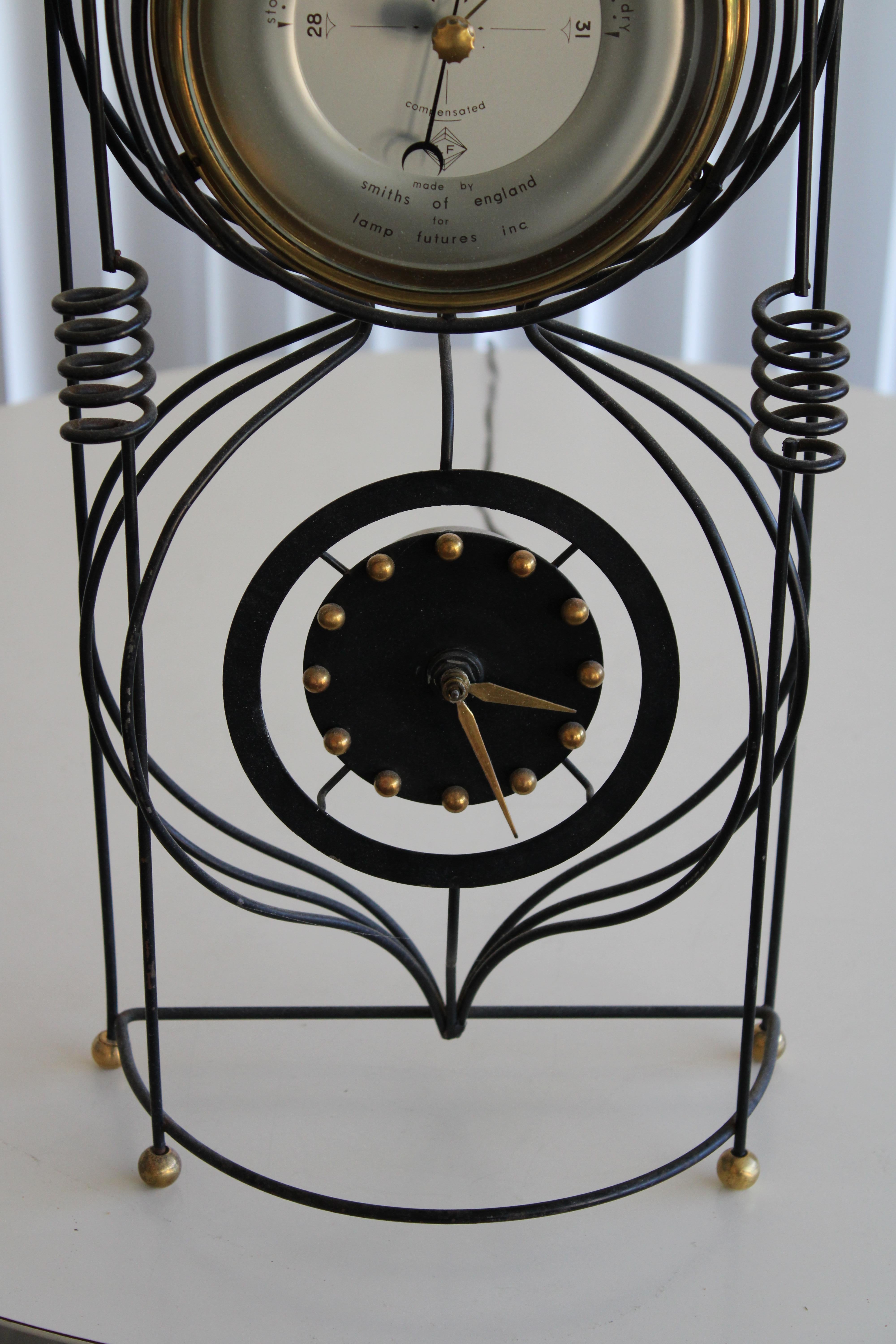 Mid-Century Modern Wrought Iron Clock Barometer