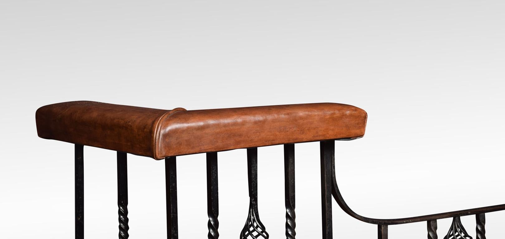 Wrought iron club fender, the leather upholstered padded seat, on square section supports with spiral decoration. All raised up on plinth base.
Dimensions
Height 20 inches
External measurements
Length 62.5 inches
Depth 24 inches
Internal